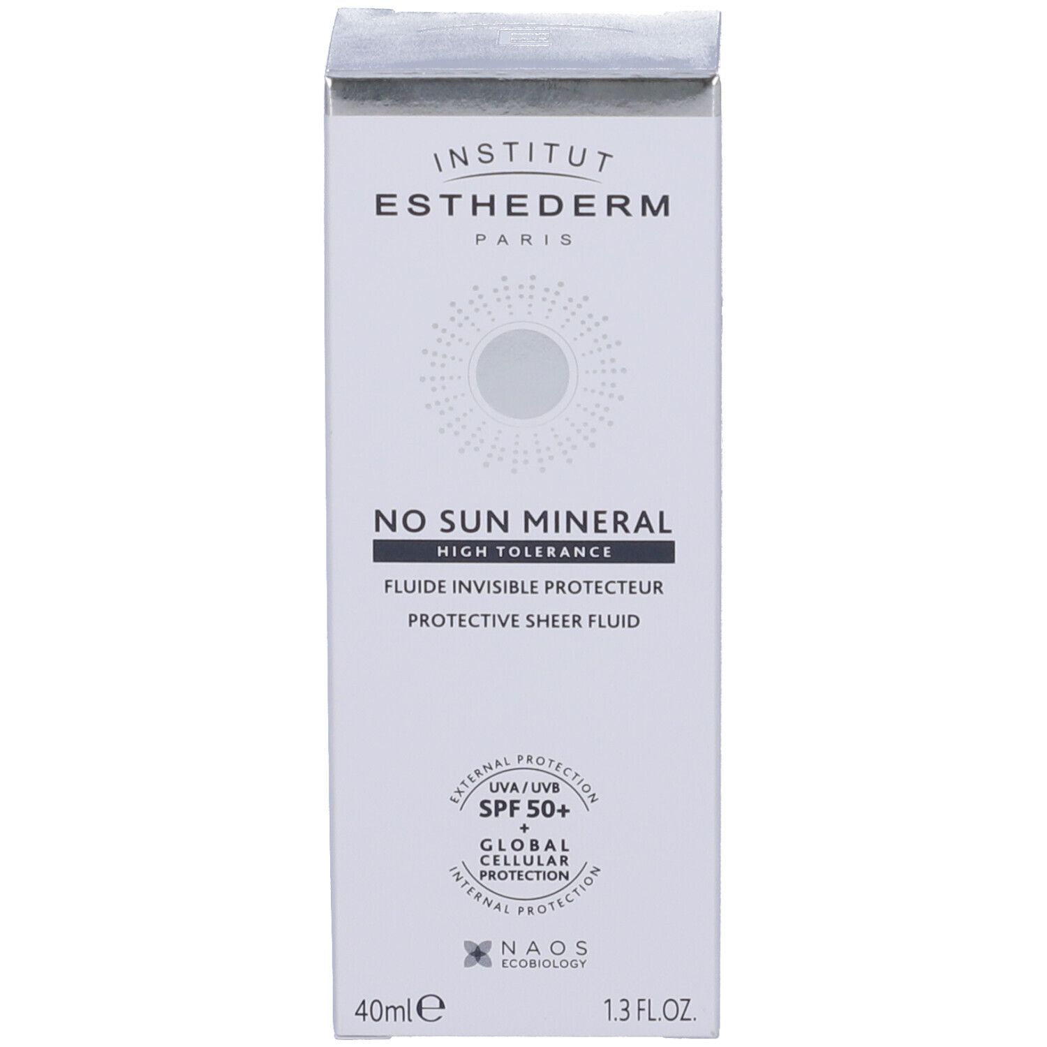 Scatola bianca. Scritte: Institut Esthederm, No Sun Mineral, SPF 50+. 40ml, 1.3 FL.OZ.