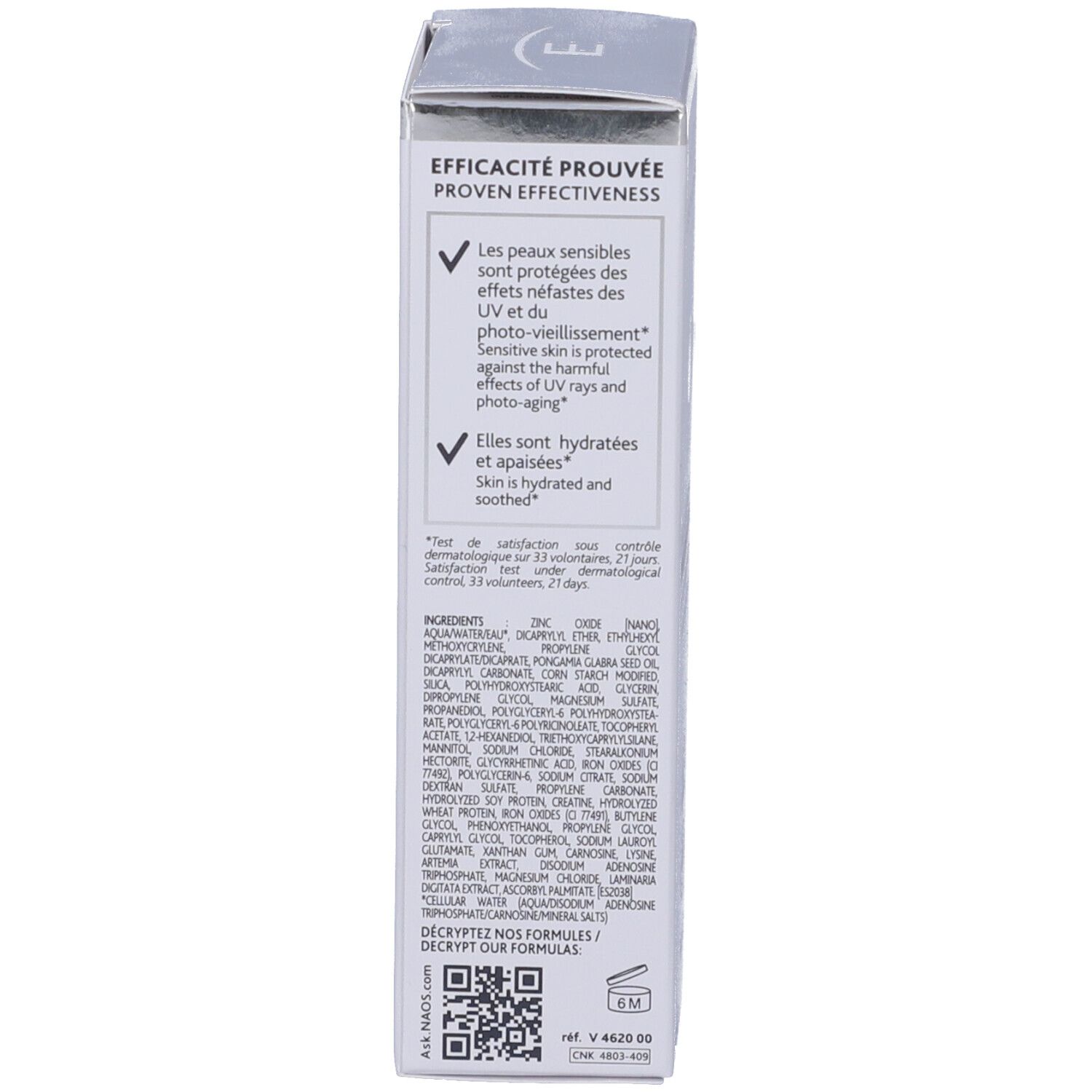 Lato della scatola. Testo sull'efficacia e ingredienti. Logo e codice QR.
