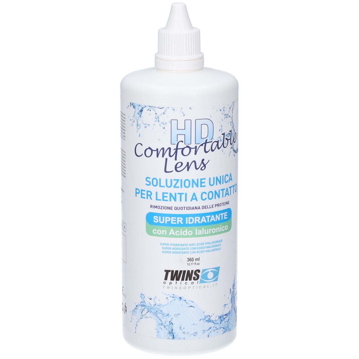 Flacone bianco con testo HD Comfortable Lens. Soluzione Unica per Lenti a Contatto. Super Idratante con Acido Ialuronico. Marchio: Twins Optical.