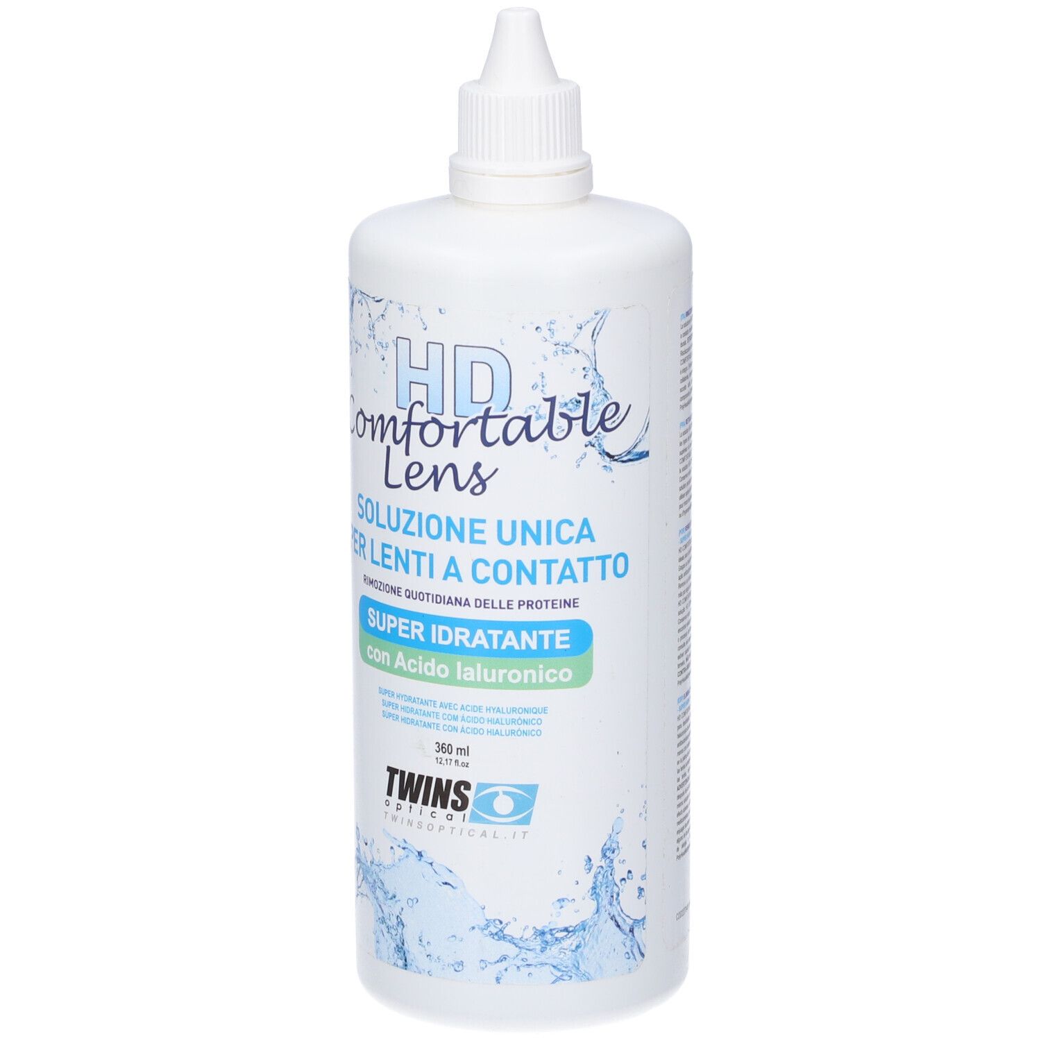 Flacone bianco con testo HD Comfortable Lens. Soluzione Unica per Lenti a Contatto. Super Idratante con Acido Ialuronico. Marchio: Twins Optical.
