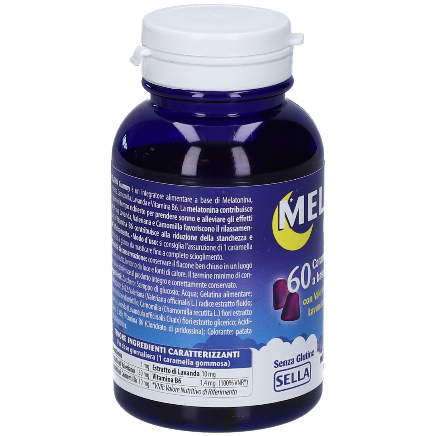 Flacone blu con tappo bianco. Testo in italiano. Contiene informazioni sugli ingredienti, le istruzioni per l'uso e i valori nutrizionali.