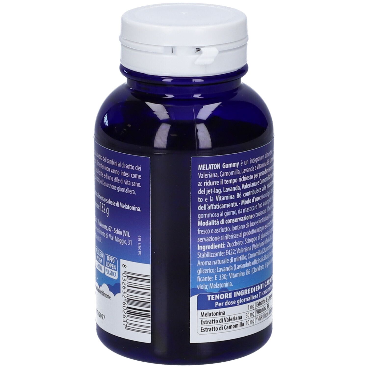 Retro del flacone blu con tappo bianco. Testo in italiano. Contiene informazioni sugli ingredienti e i valori nutrizionali.