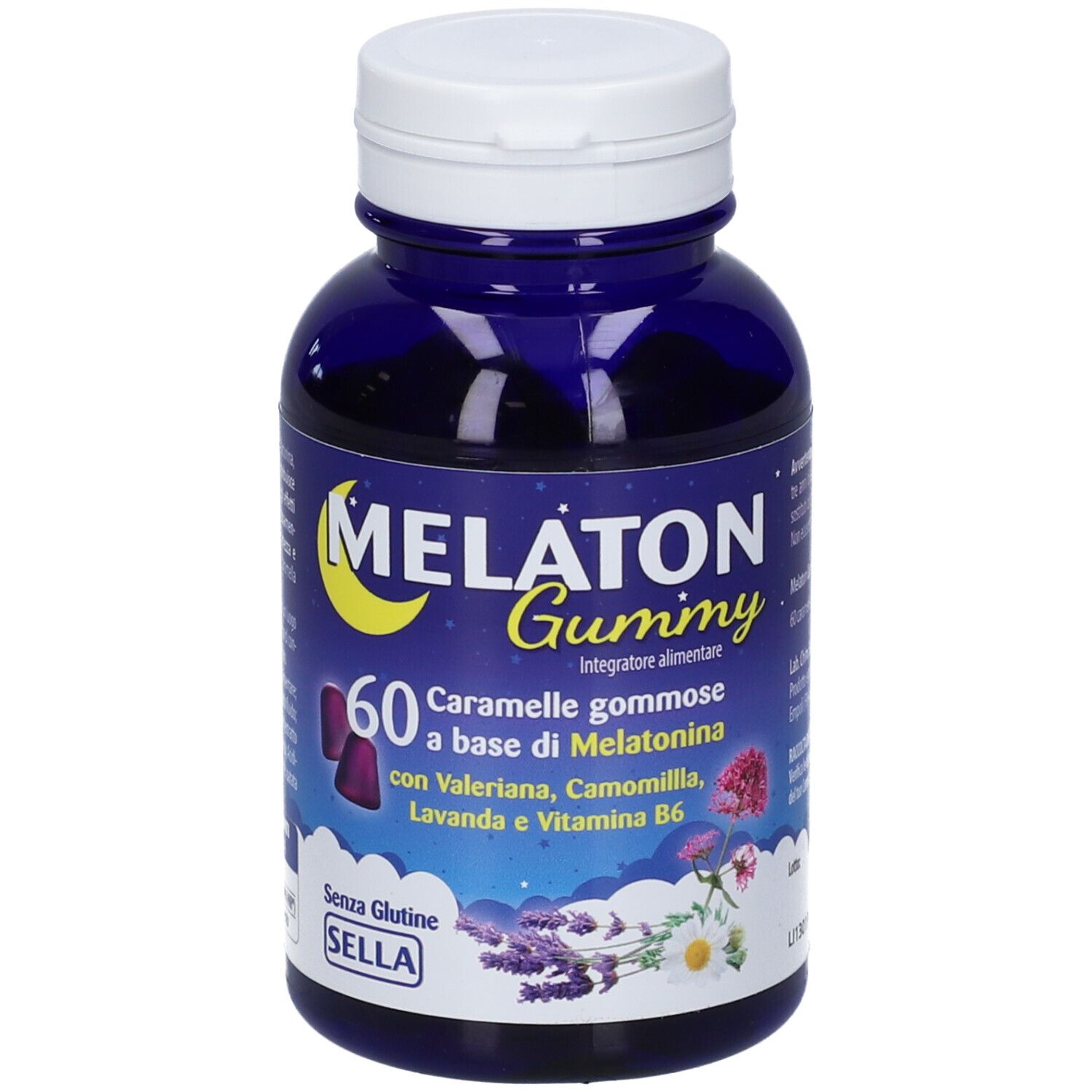 Flacone blu con tappo bianco. Scritta: Melaton Gummy, 60 caramelle gommose con melatonina, valeriana, camomilla, lavanda e vitamina B6. Senza glutine.