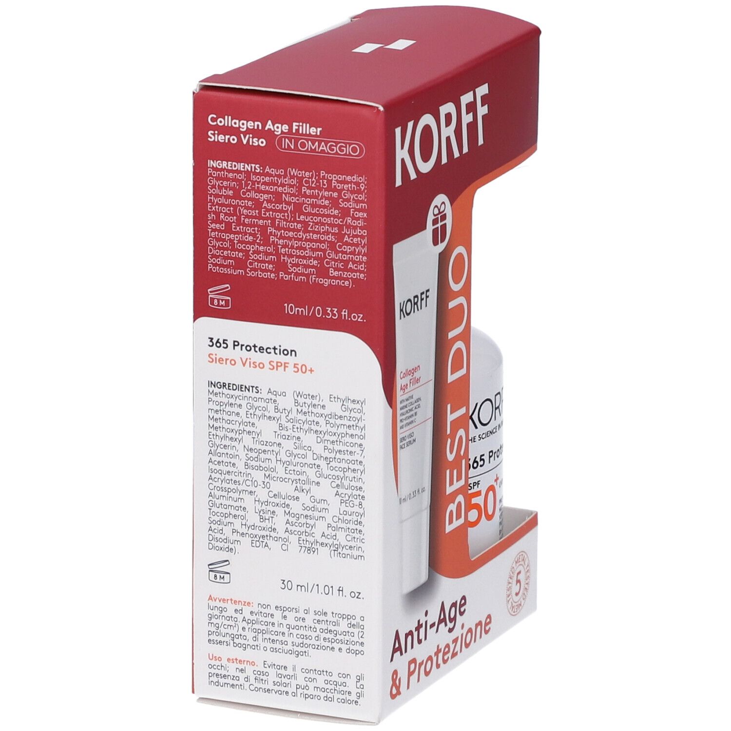 Retro della confezione del kit Korff Best Duo. Contiene ingredienti e informazioni sul prodotto. Testo in italiano.