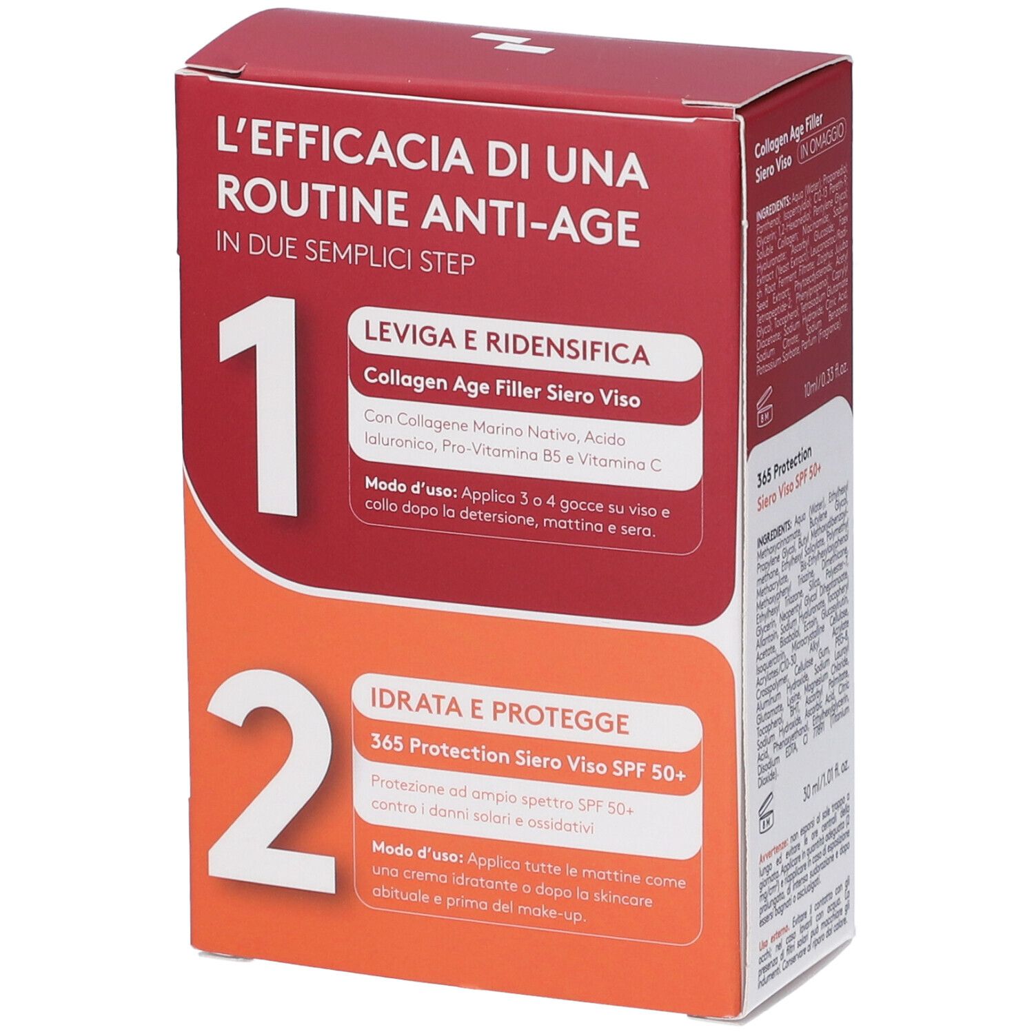 Confezione del kit Korff Best Duo. Mostra le istruzioni in due fasi. Testo in italiano. Colori rosso e bianco.
