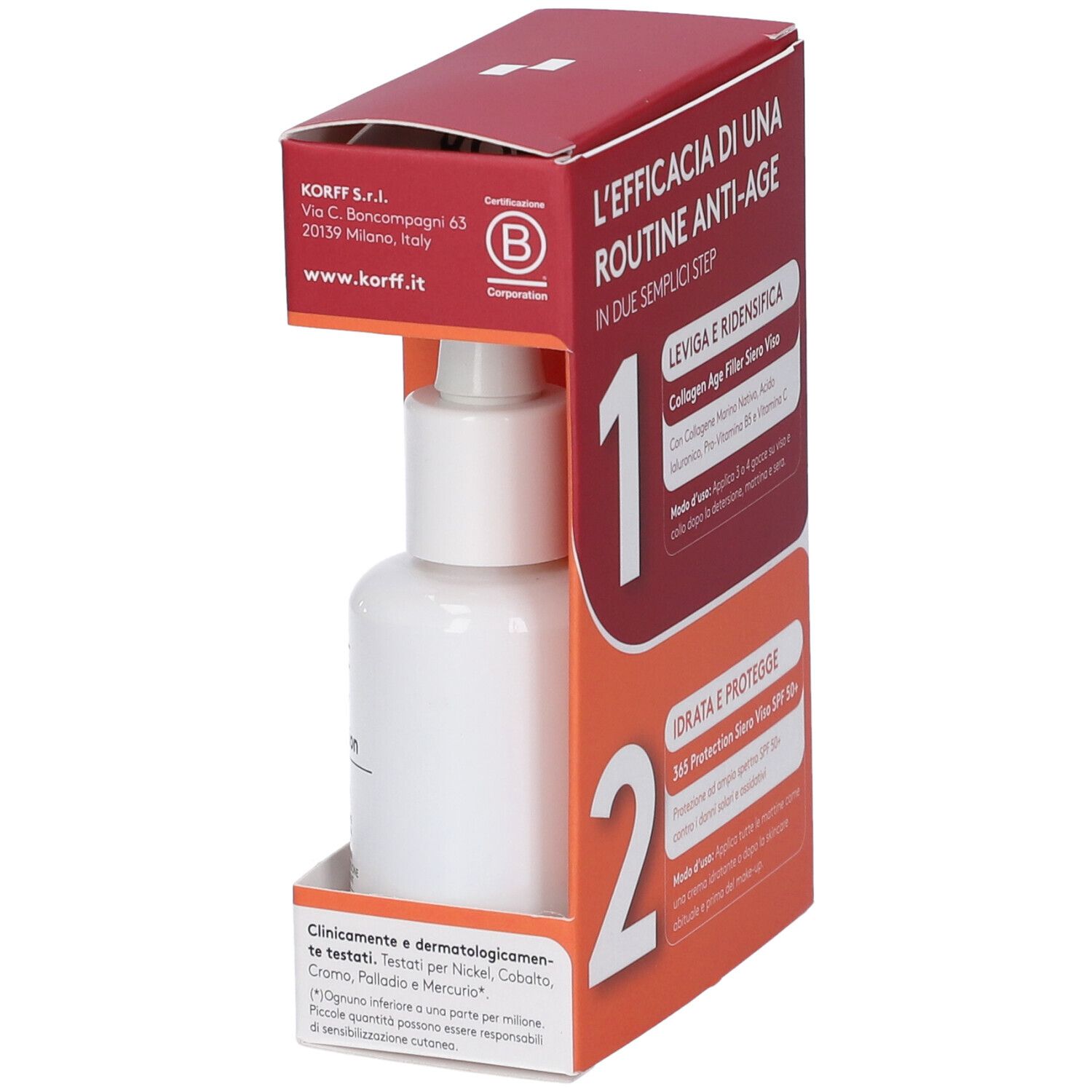 Kit Korff Best Duo con flacone. Confezione rossa e bianca. Scritta: L'Efficacia di una Routine Anti-Age.