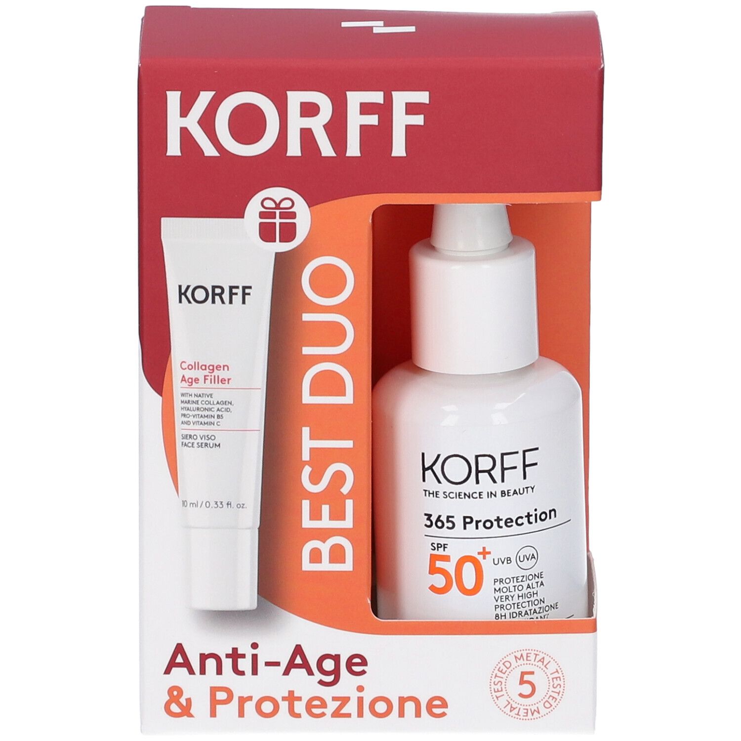Kit Korff Best Duo. Contiene un tubetto e un flacone. Scritta: Best Duo, Anti-Age & Protezione. Confezione rossa e bianca.