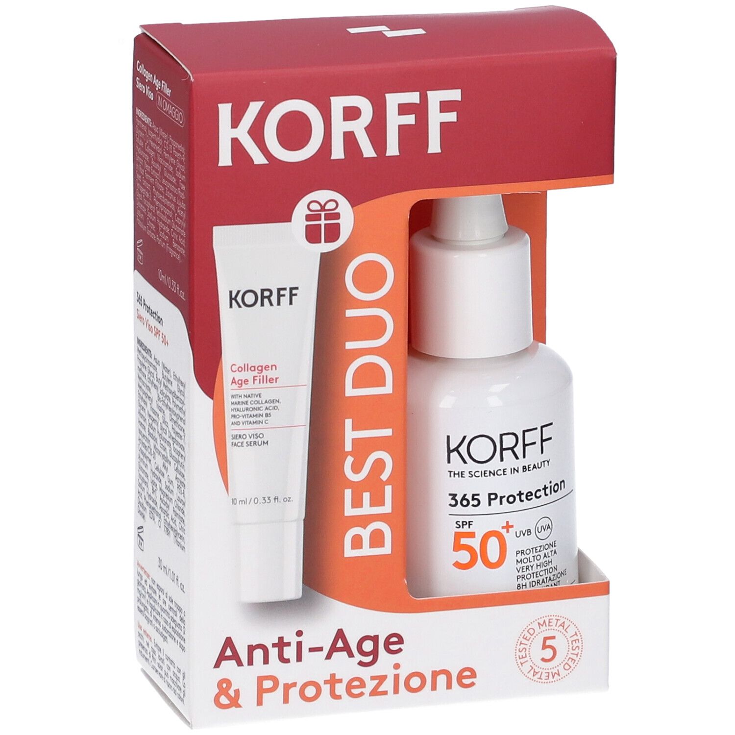 Kit Korff Best Duo. Contiene un tubetto e un flacone. Scritta: Best Duo, Anti-Age & Protezione. Confezione rossa e bianca.