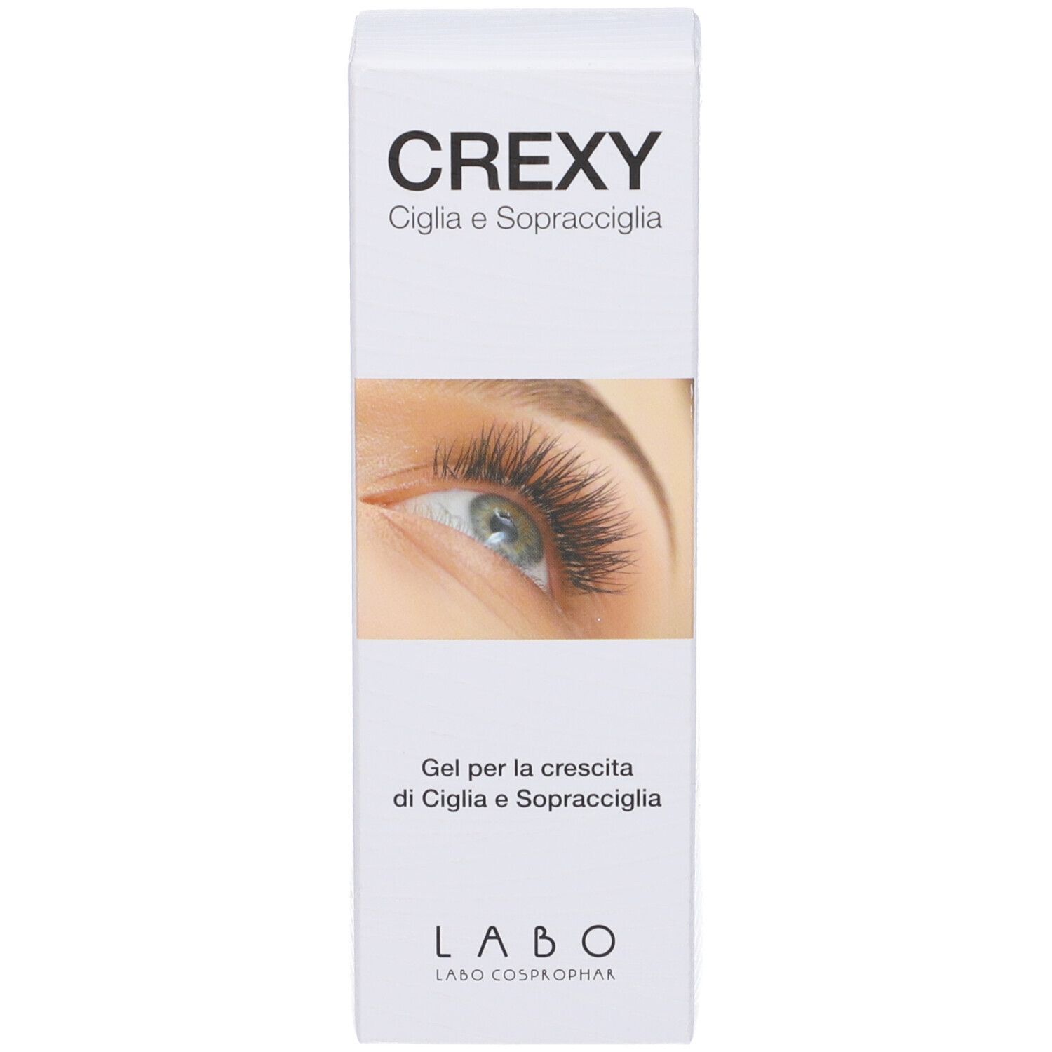Confezione con immagine occhio. Scritta CREXY. Gel per ciglia e sopracciglia. Logo LABO.