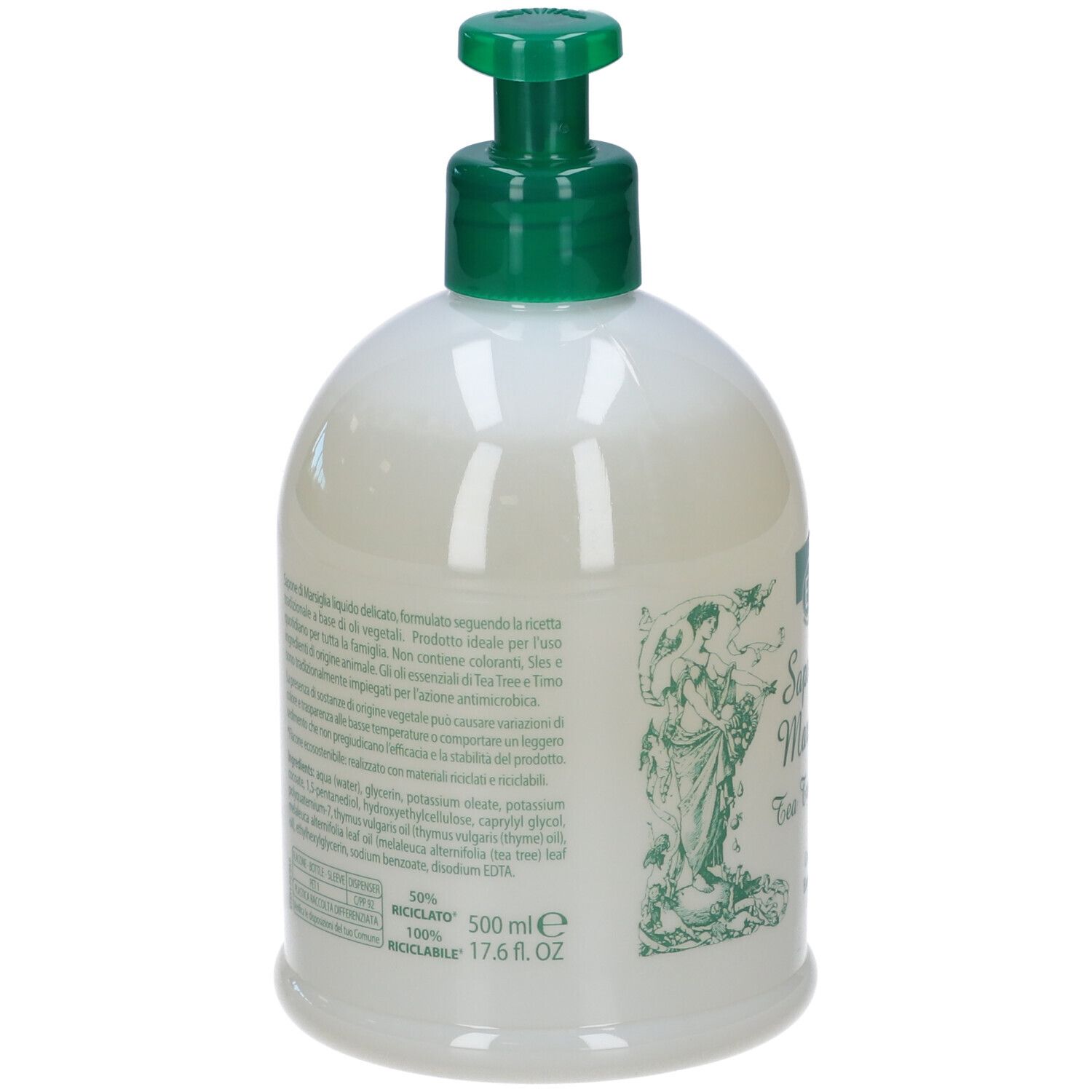 Retro del flacone bianco con dosatore verde. Testo e ingredienti. Scritta: 50% RICICLABILE. 500 ml.