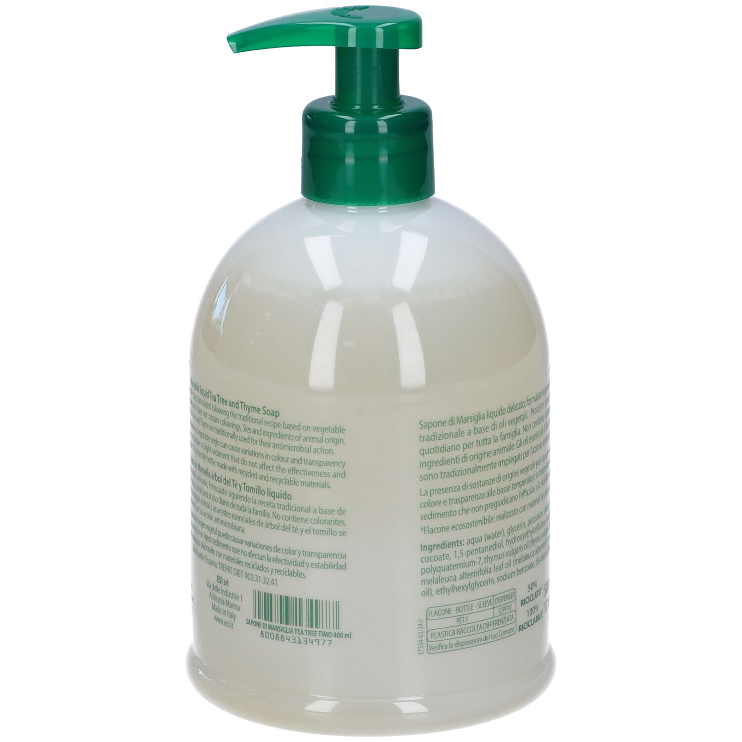 Retro del flacone bianco con dosatore verde. Testo e ingredienti. Scritta: 500 ml. Codice a barre.
