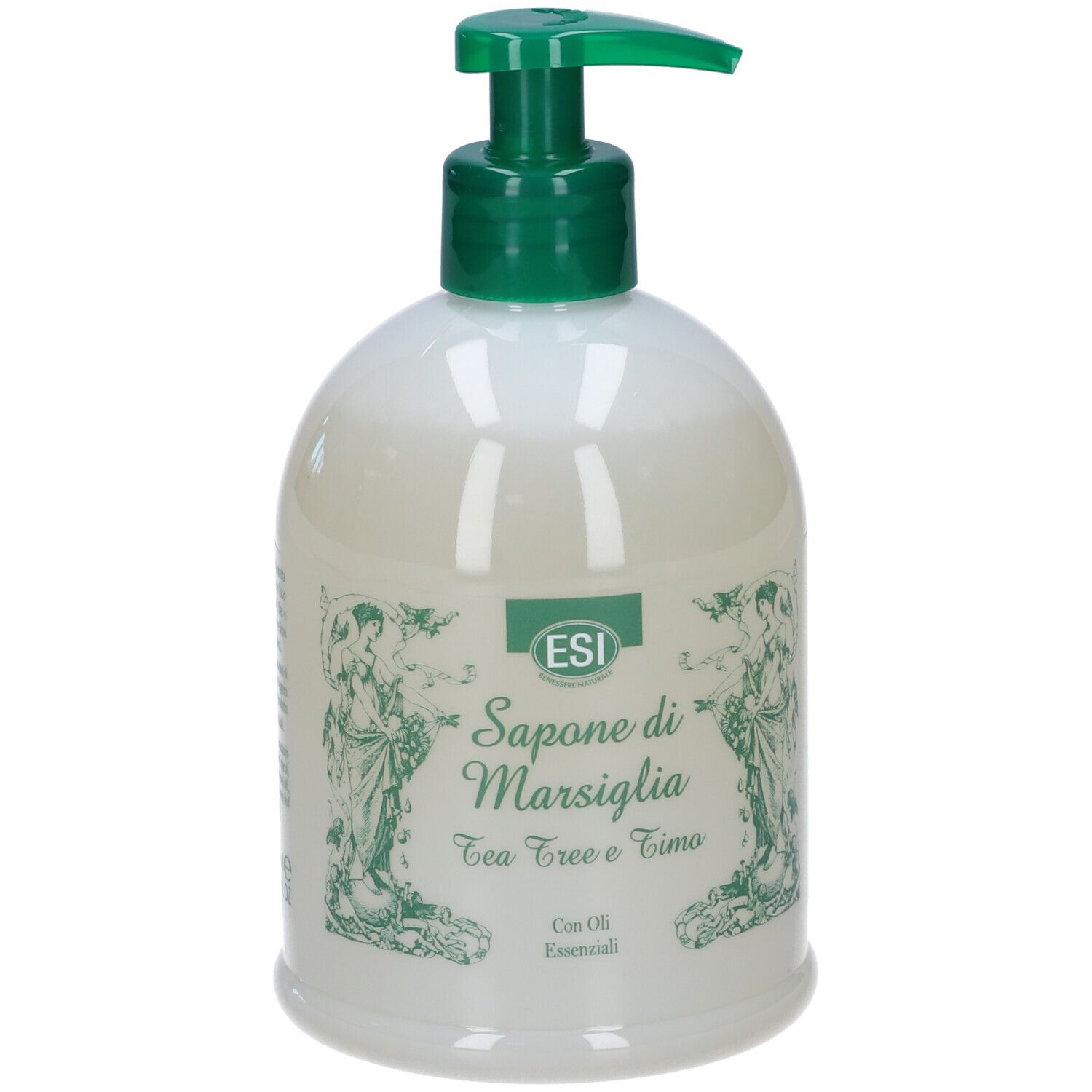Flacone bianco con dosatore verde. Scritta: ESI Sapone di Marsiglia Tea Tree e Timo. Decorazioni verdi.