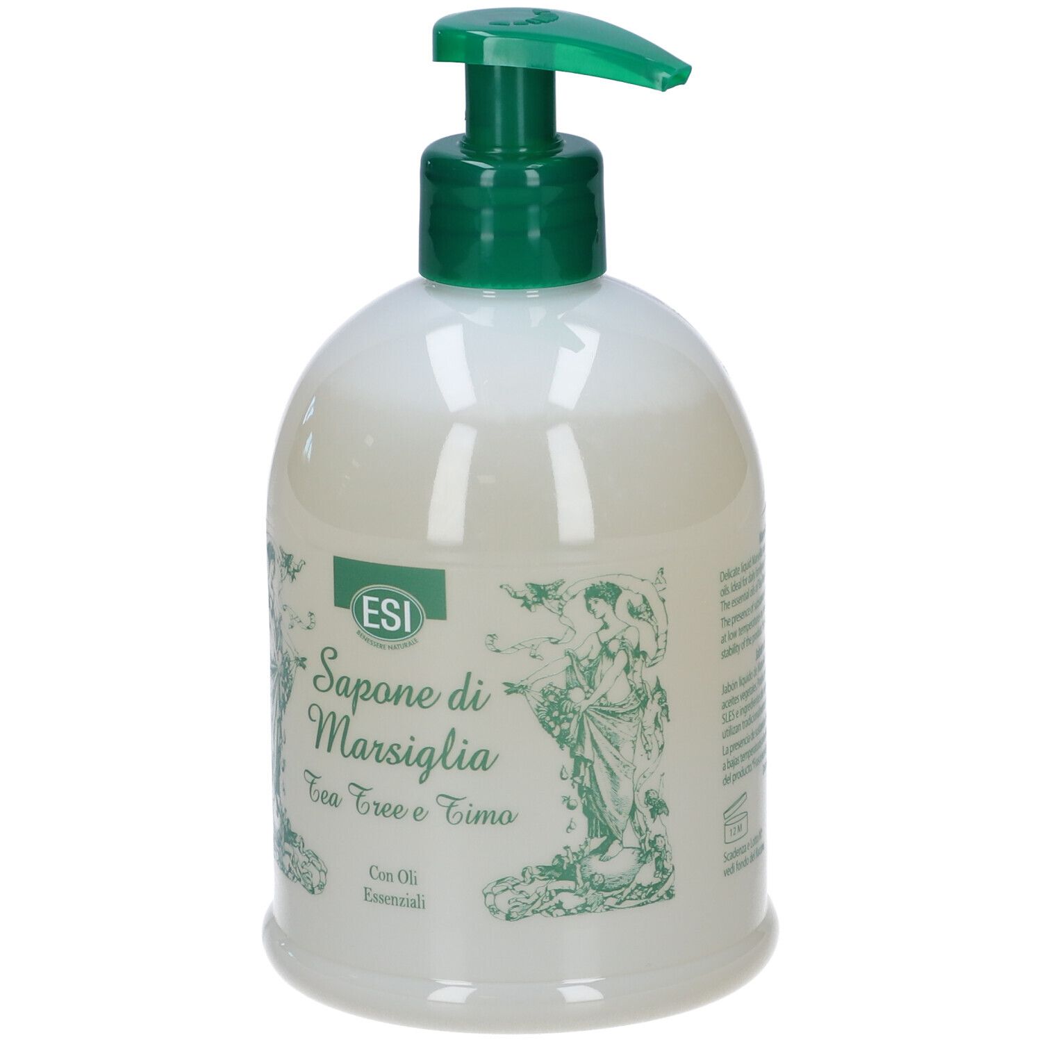 Flacone bianco con dosatore verde. Scritta: ESI Sapone di Marsiglia Tea Tree e Timo. Decorazioni verdi.