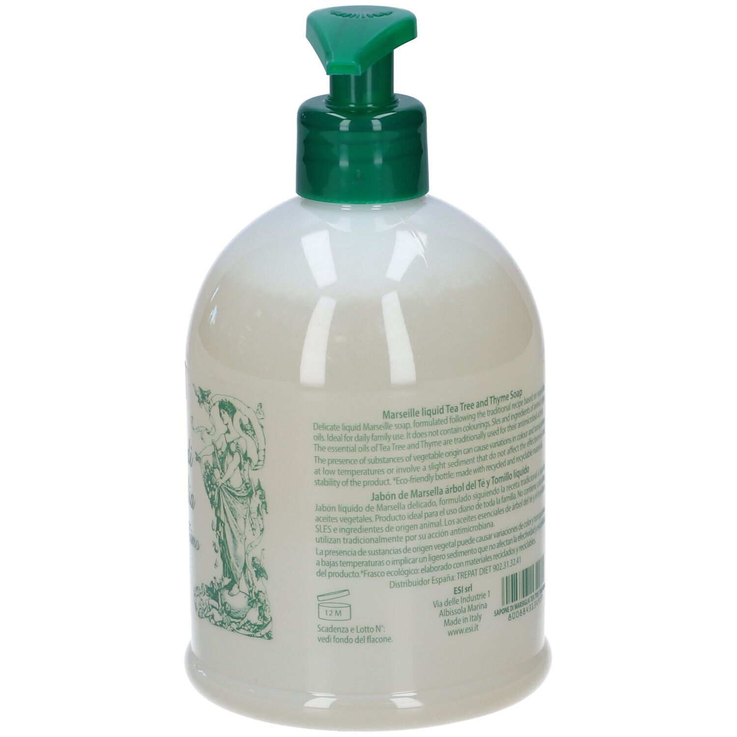 Retro del flacone bianco con dosatore verde. Testo e ingredienti. Scritta: 12M. Codice a barre.