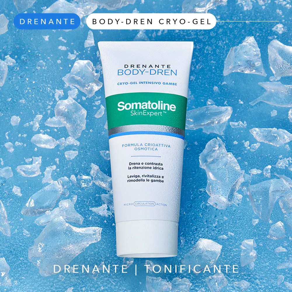 Tubo Somatoline SkinExpert Body-Dren Cryo-Gel su cubetti di ghiaccio, con testo.