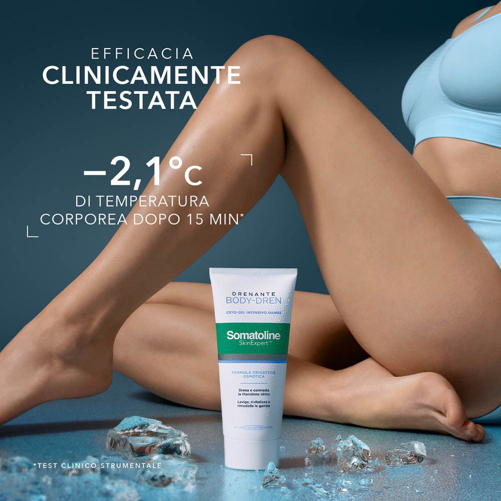 Donna con gambe lunghe che tiene un tubo Somatoline SkinExpert Body-Dren.
