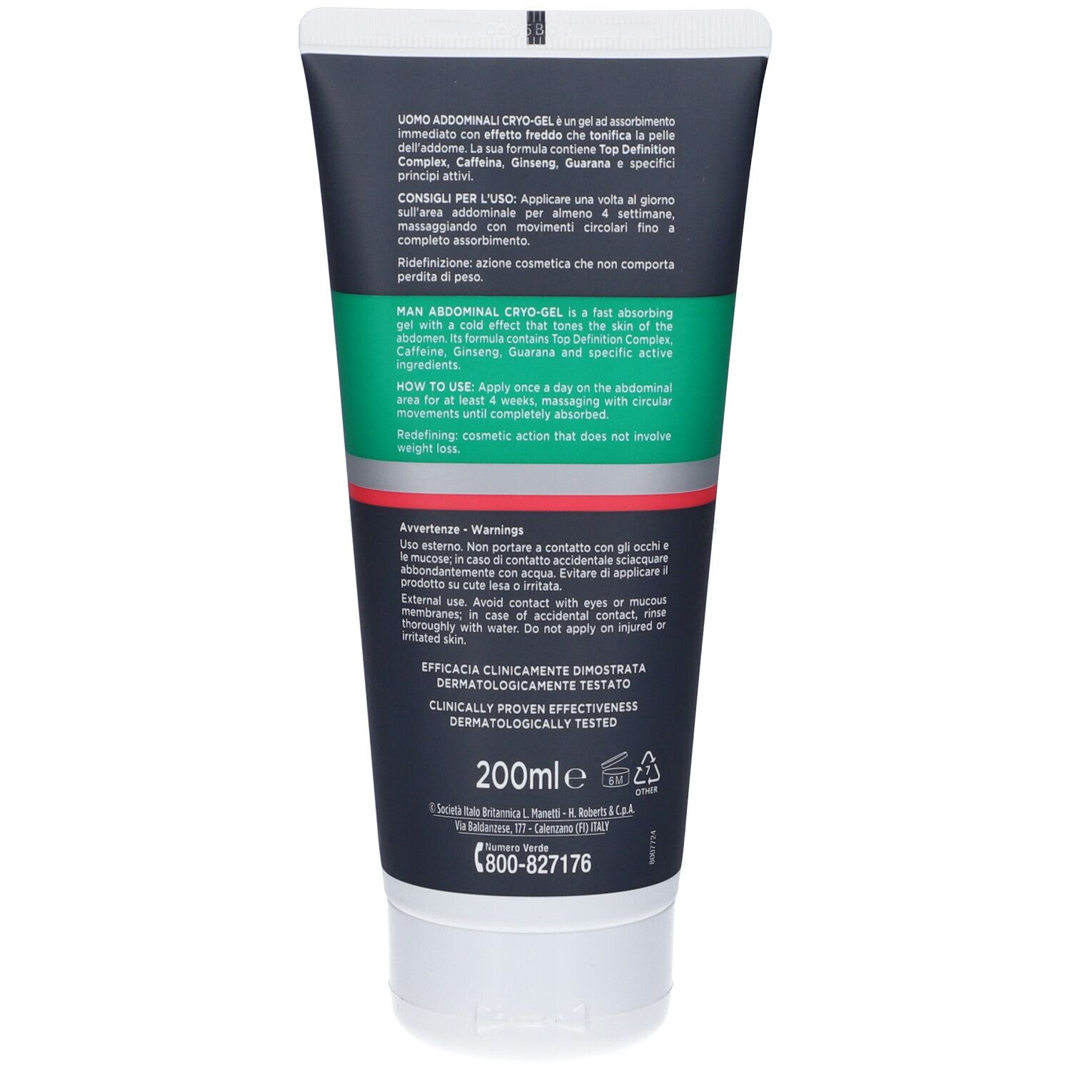 Retro del tubo di crema gel. Testo multilingue, incluse istruzioni e avvertenze.