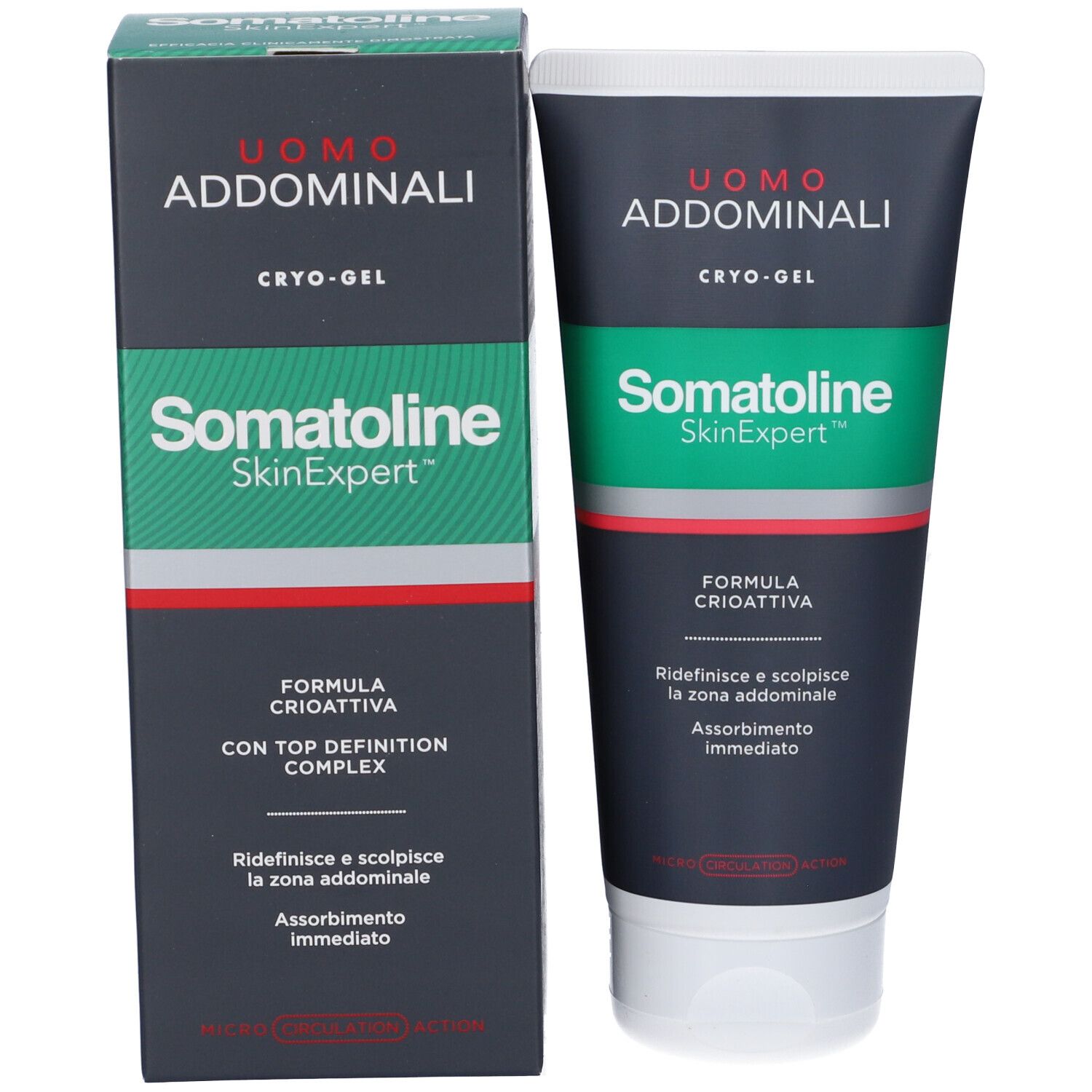 Confezione del prodotto con tubo e scatola. Entrambi mostrano nome e informazioni del prodotto.