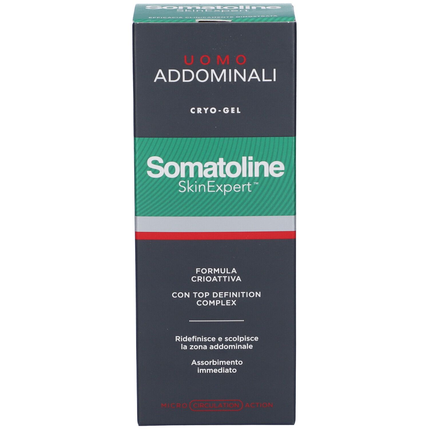 Confezione del prodotto, scatola con nome e informazioni. Design verde e bianco.