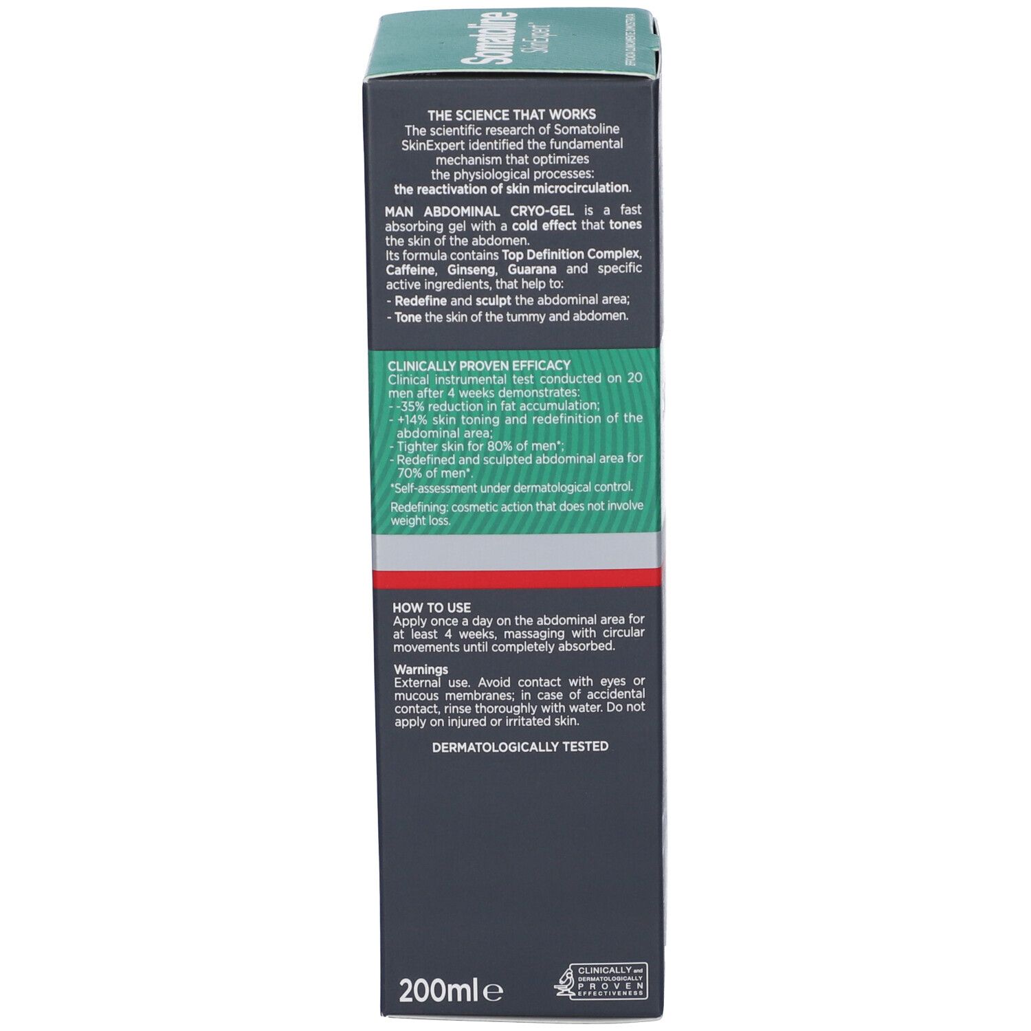 Lato della confezione del prodotto. Testo con informazioni e risultati dei test clinici.