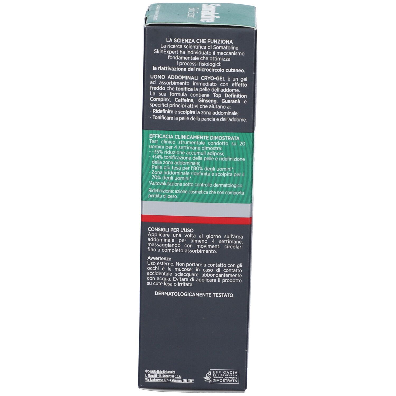 Lato della confezione del prodotto. Testo con informazioni e risultati dei test clinici.