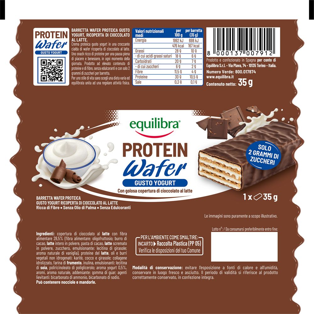 Retro confezione Protein Wafer Gusto Yogurt. Informazioni nutrizionali, elenco ingredienti, QR code, codice a barre. Marca: Equilibra. 35g.