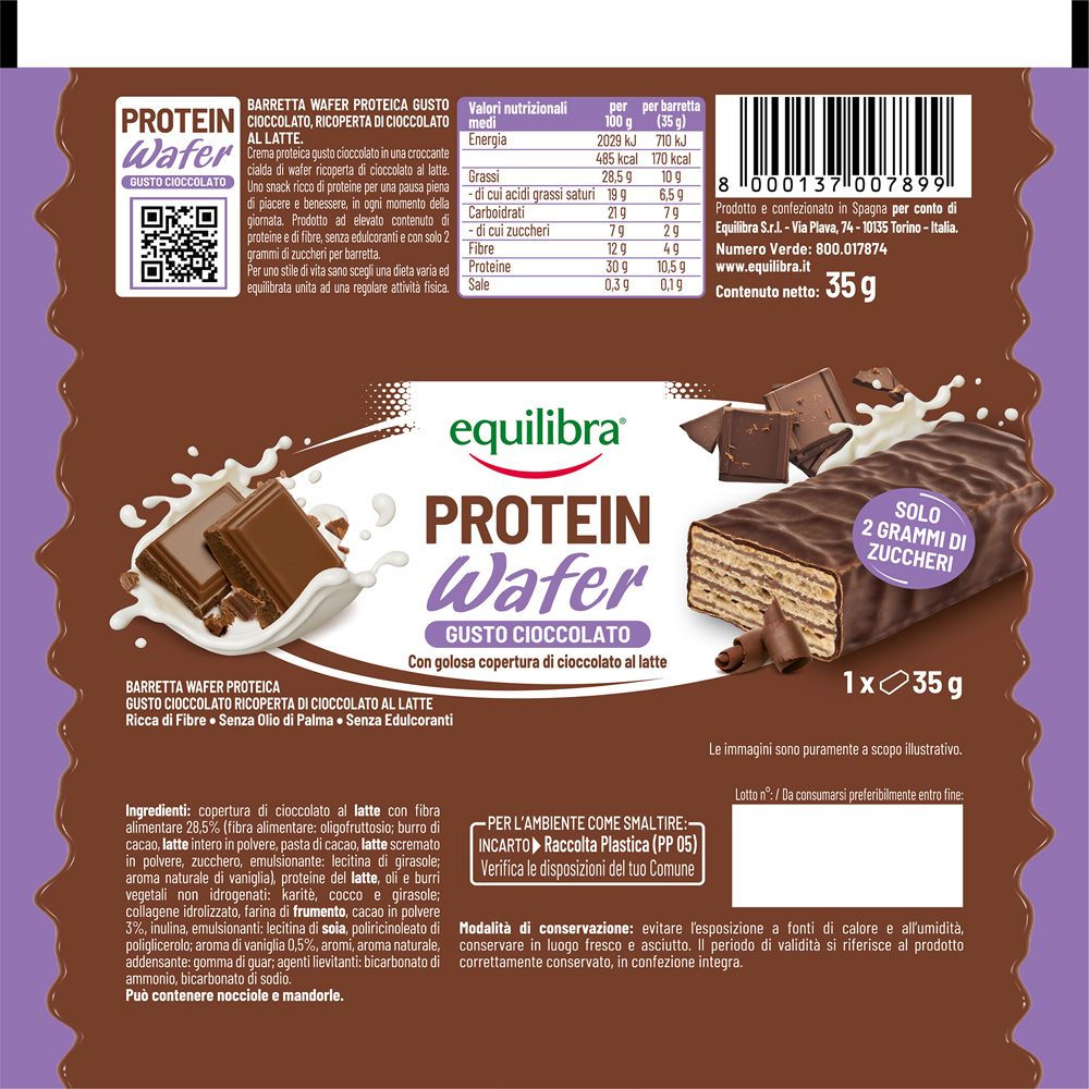 Retro confezione Protein Wafer. Informazioni nutrizionali, elenco ingredienti, QR code, marchio Equilibra.
