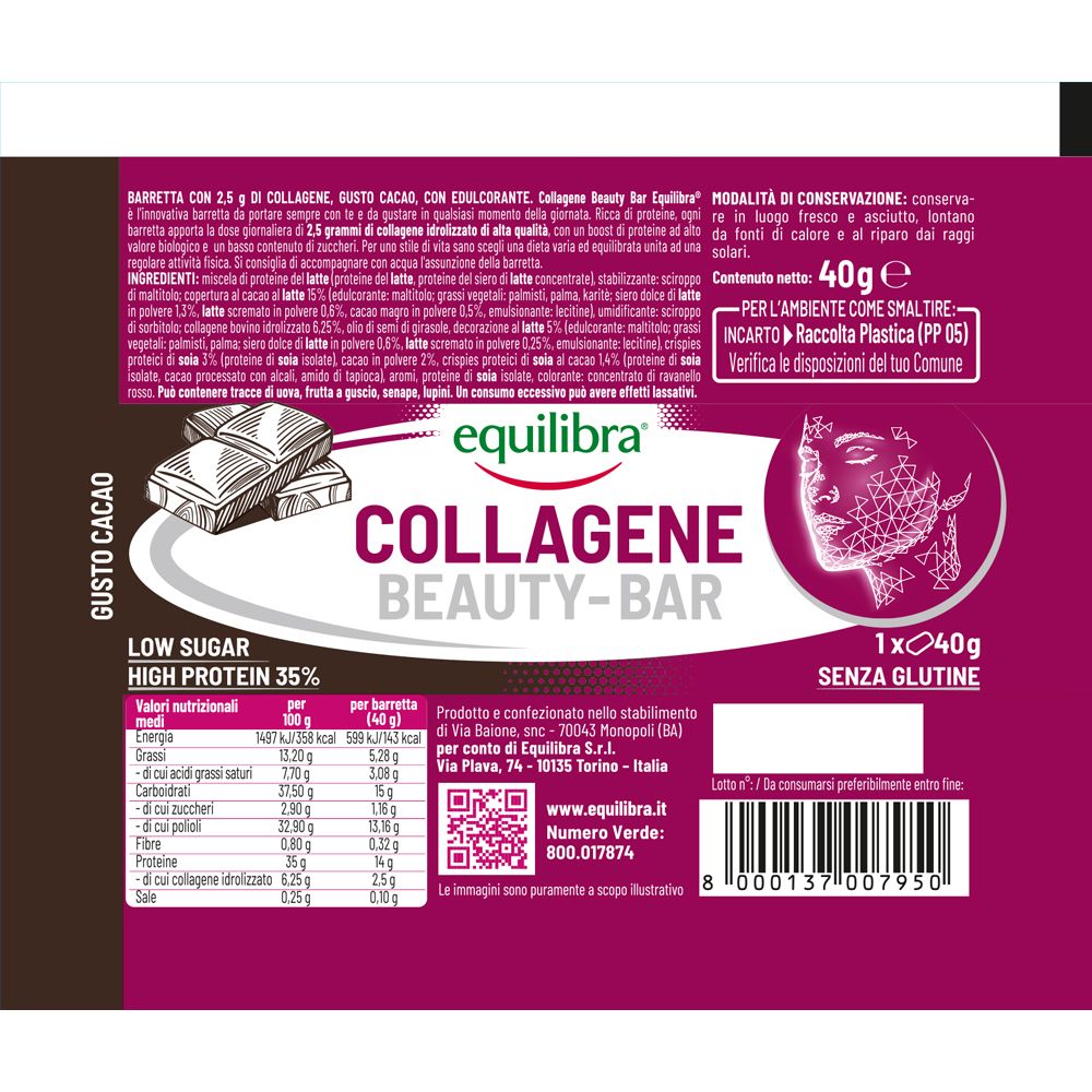 Retro confezione "Collagen Beauty-Bar". Contiene informazioni nutrizionali e ingredienti. Testo: "Senza glutine".