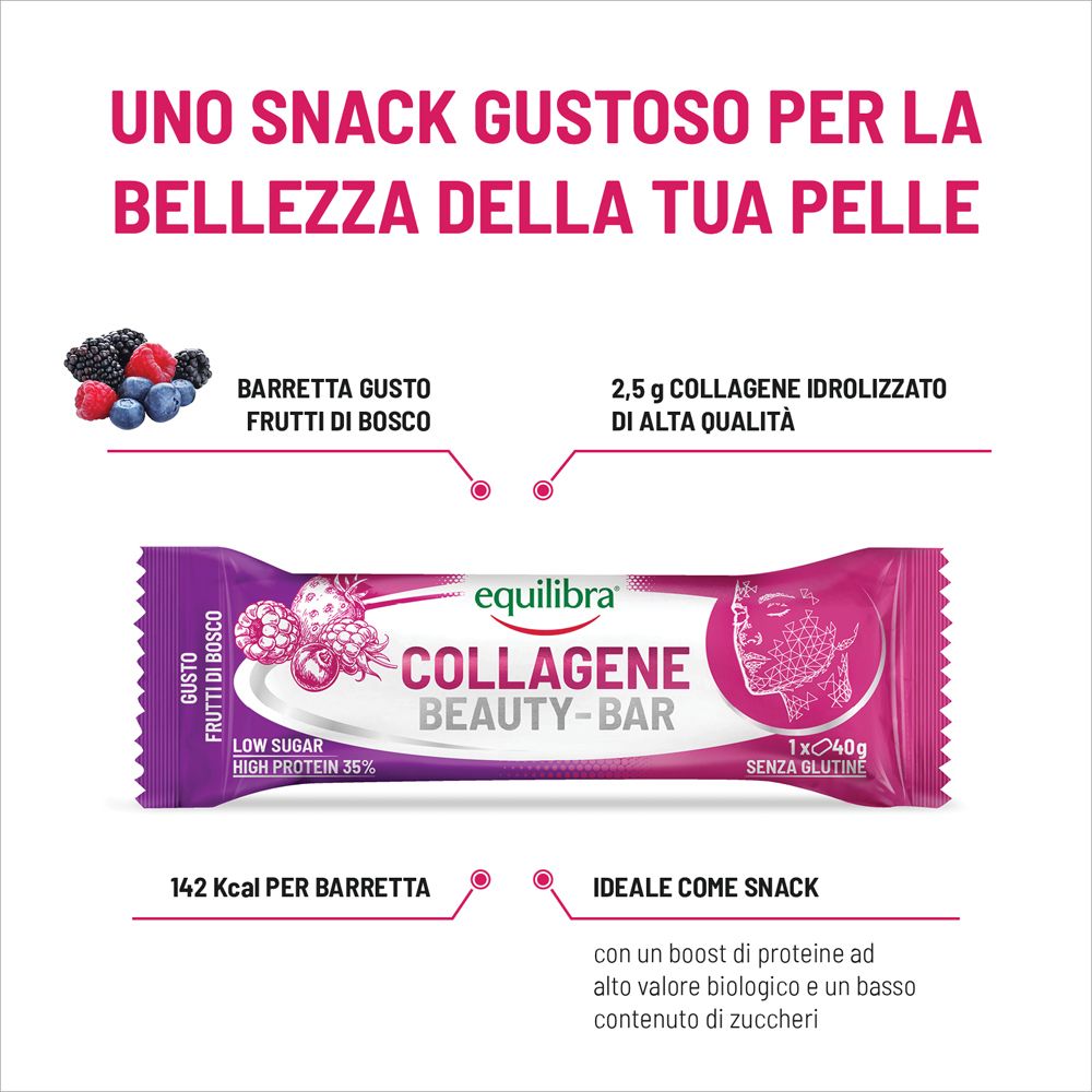 Immagine con testo e barretta. Testo: Uno snack gustoso per la bellezza della tua pelle. Barretta, frutta, 2,5g collagene, 142 Kcal, snack.