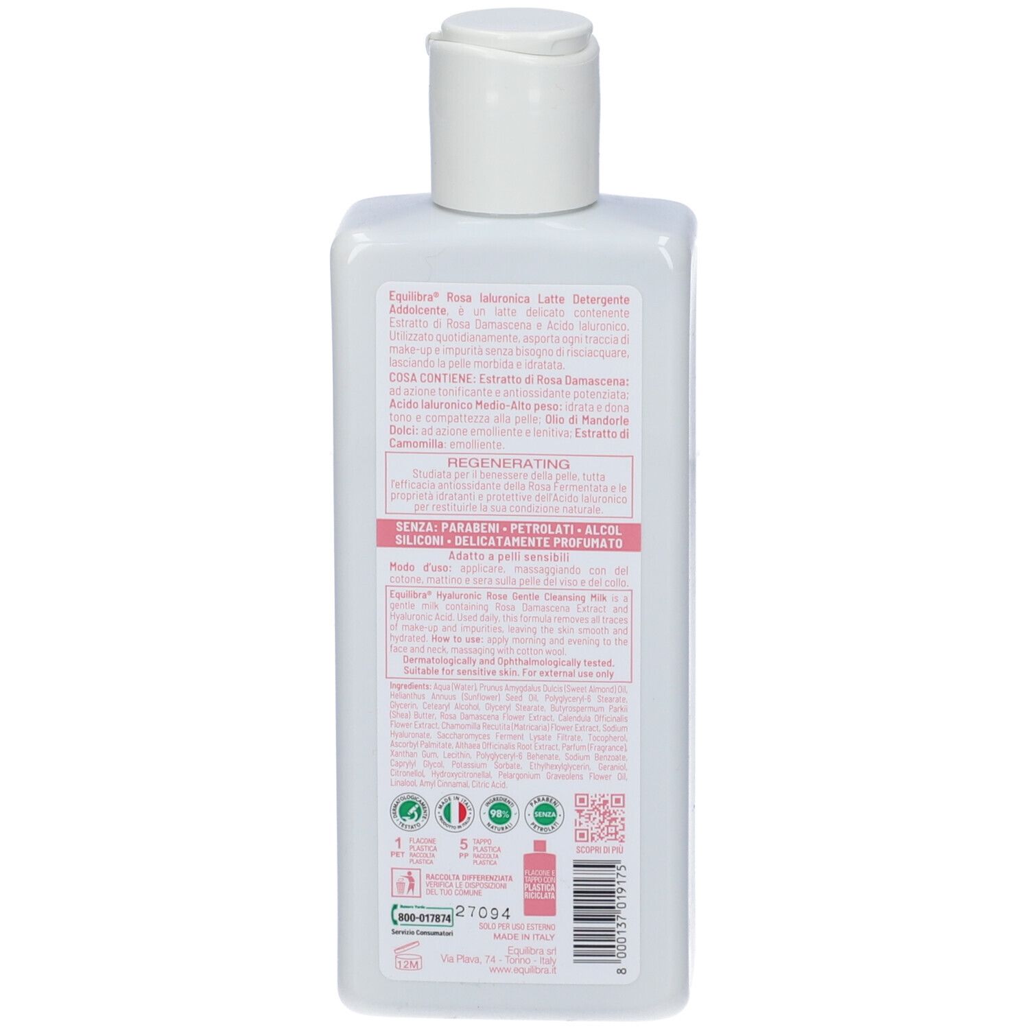 Retro del latte detergente Equilibra Rosa Ialuronica. Flacone bianco con testo rosa. Testo: ingredienti, rigenerante, senza parabeni, petrolatum, alcool, siliconi.