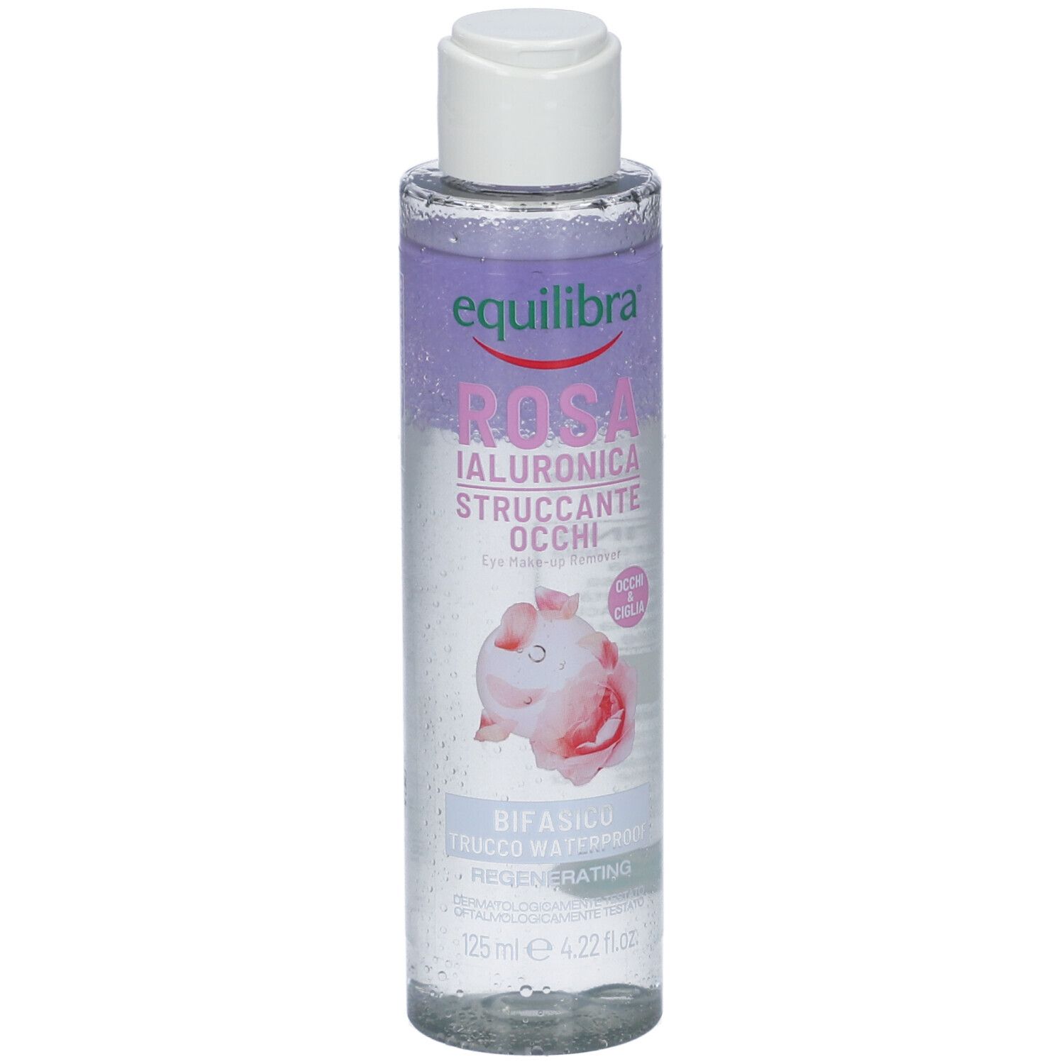 Struccante occhi. Rosa Ialuronica bifasico. Bottiglia con tappo bianco. Marchio Equilibra.