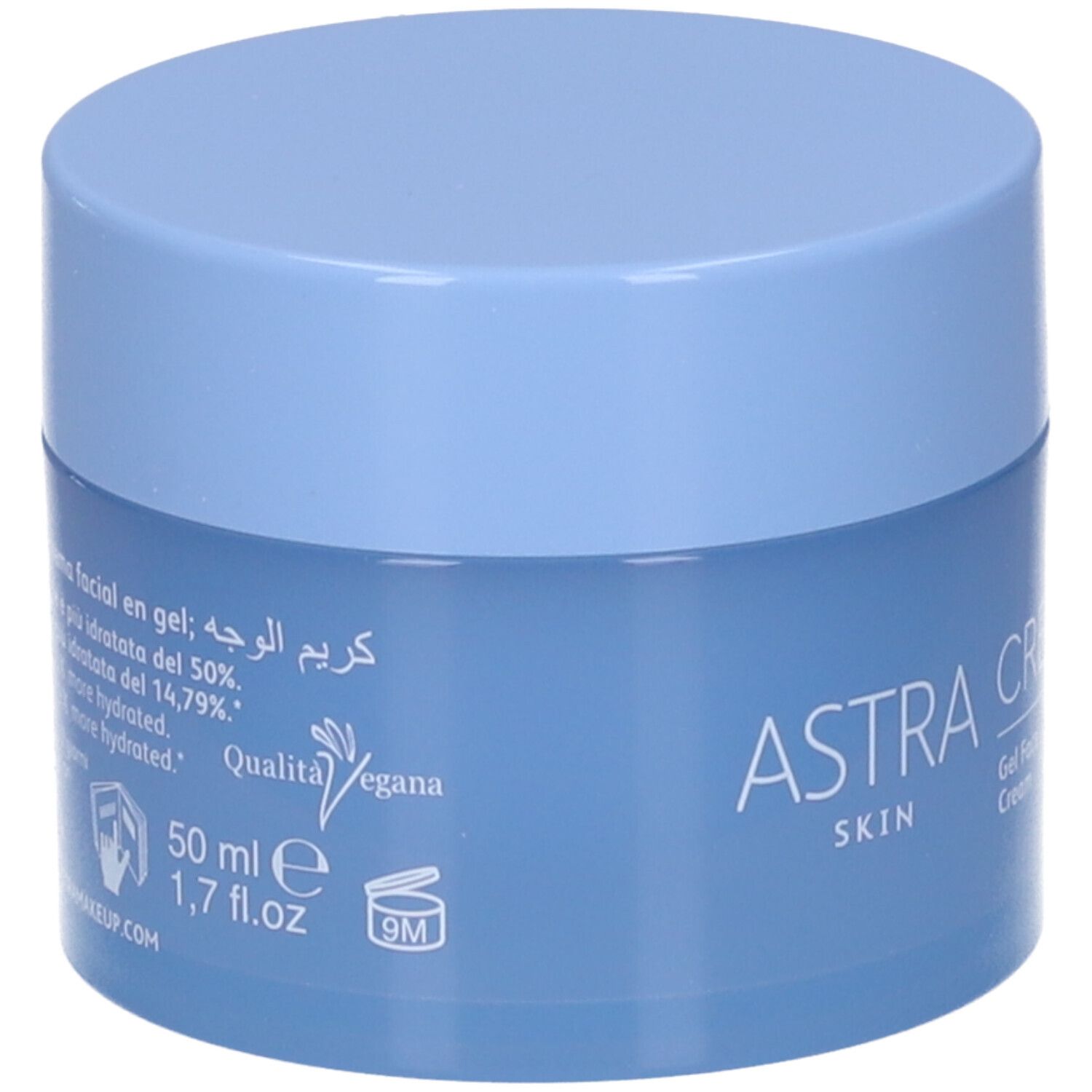 Barattolo di crema blu chiaro con coperchio. Scritta: ASTRA SKIN, 50 ml, Qualità Vegana. Testo in arabo. Sigillo vegano.