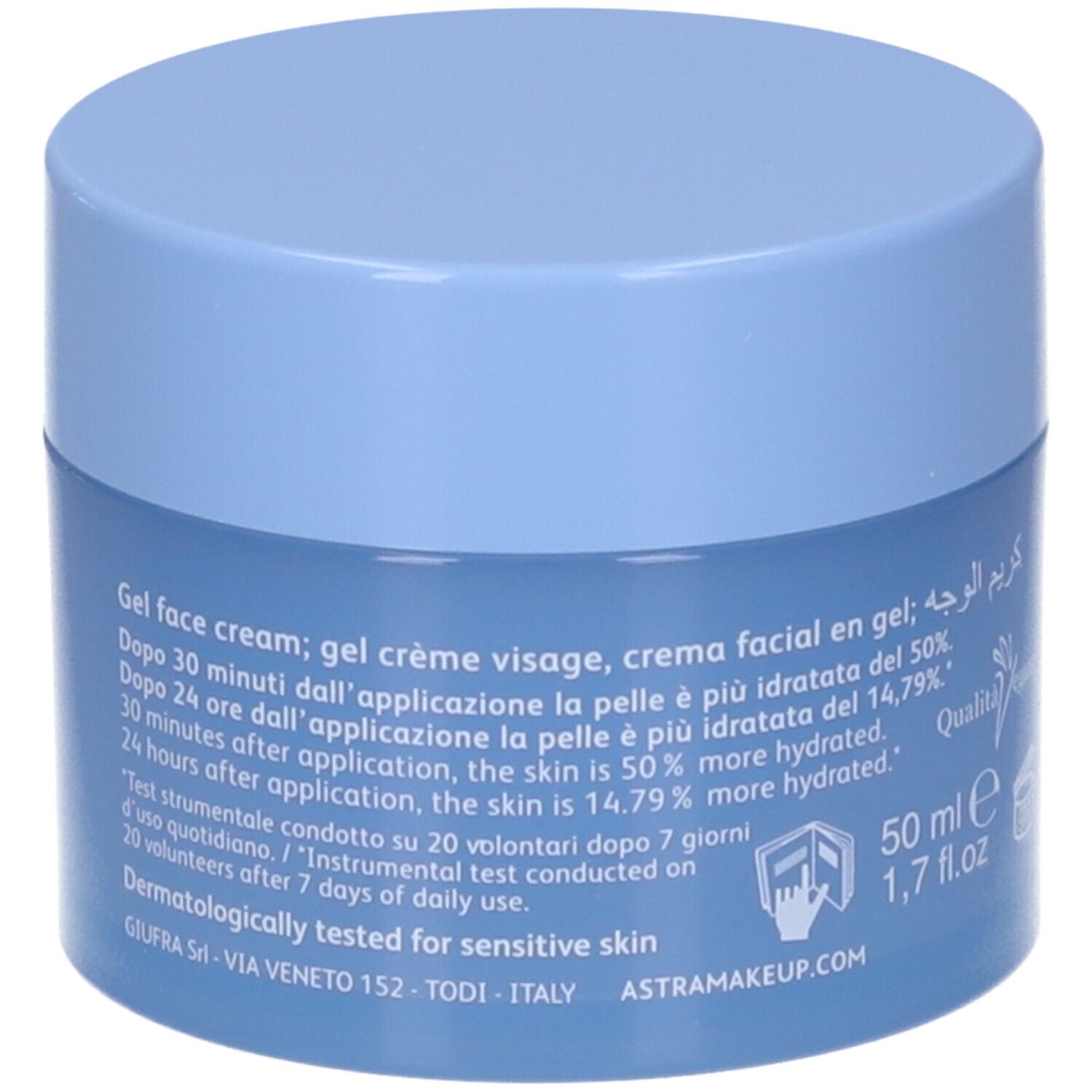 Barattolo di crema blu chiaro con coperchio. Testo: Gel face cream; gel crème visage, crema facial en gel; 50 ml, dermatologicamente testato.
