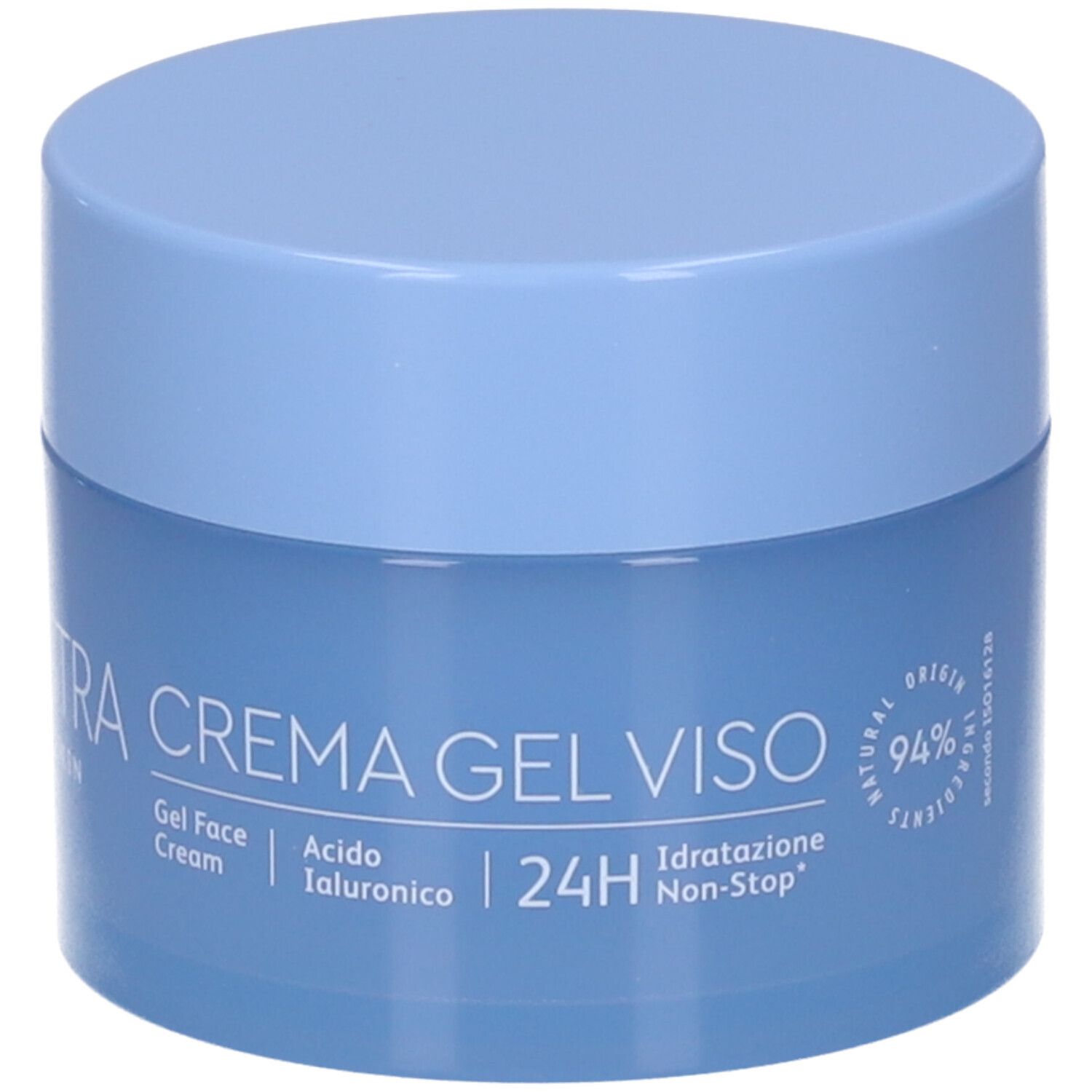Barattolo di crema blu chiaro con coperchio. Scritta: ASTRA CREMA GEL VISO, Gel Face Cream, Acido Ialuronico, 24H, Idratatione Non-Stop, 94% Natural Origin.