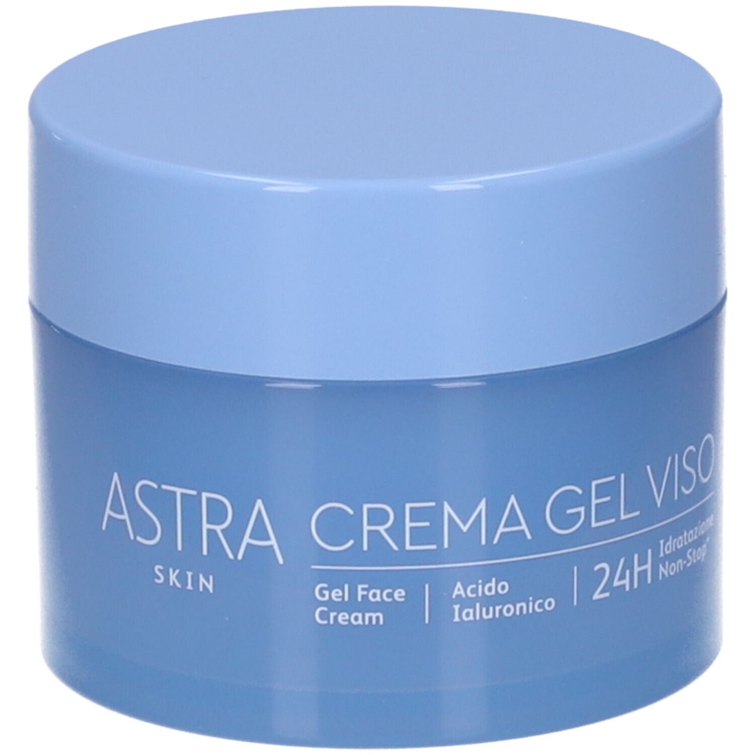 Barattolo di crema blu chiaro con coperchio. Scritta: ASTRA CREMA GEL VISO, Gel Face Cream, Acido Ialuronico, 24H, Idratatione Non-Stop.