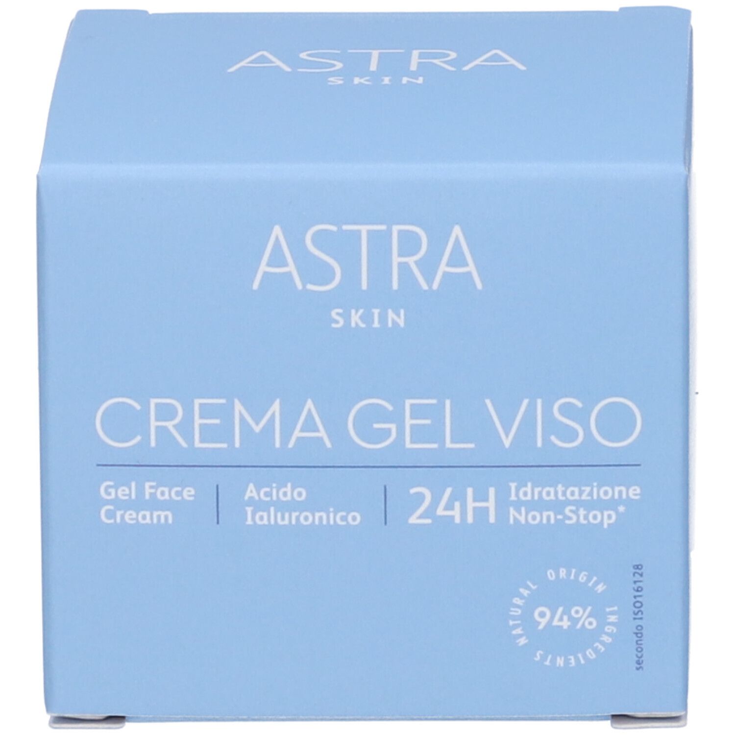 Scatola blu chiaro. Scritta: ASTRA SKIN CREMA GEL VISO, Gel Face Cream, Acido Ialuronico, 24H, 94% Natural Origin Ingredients.