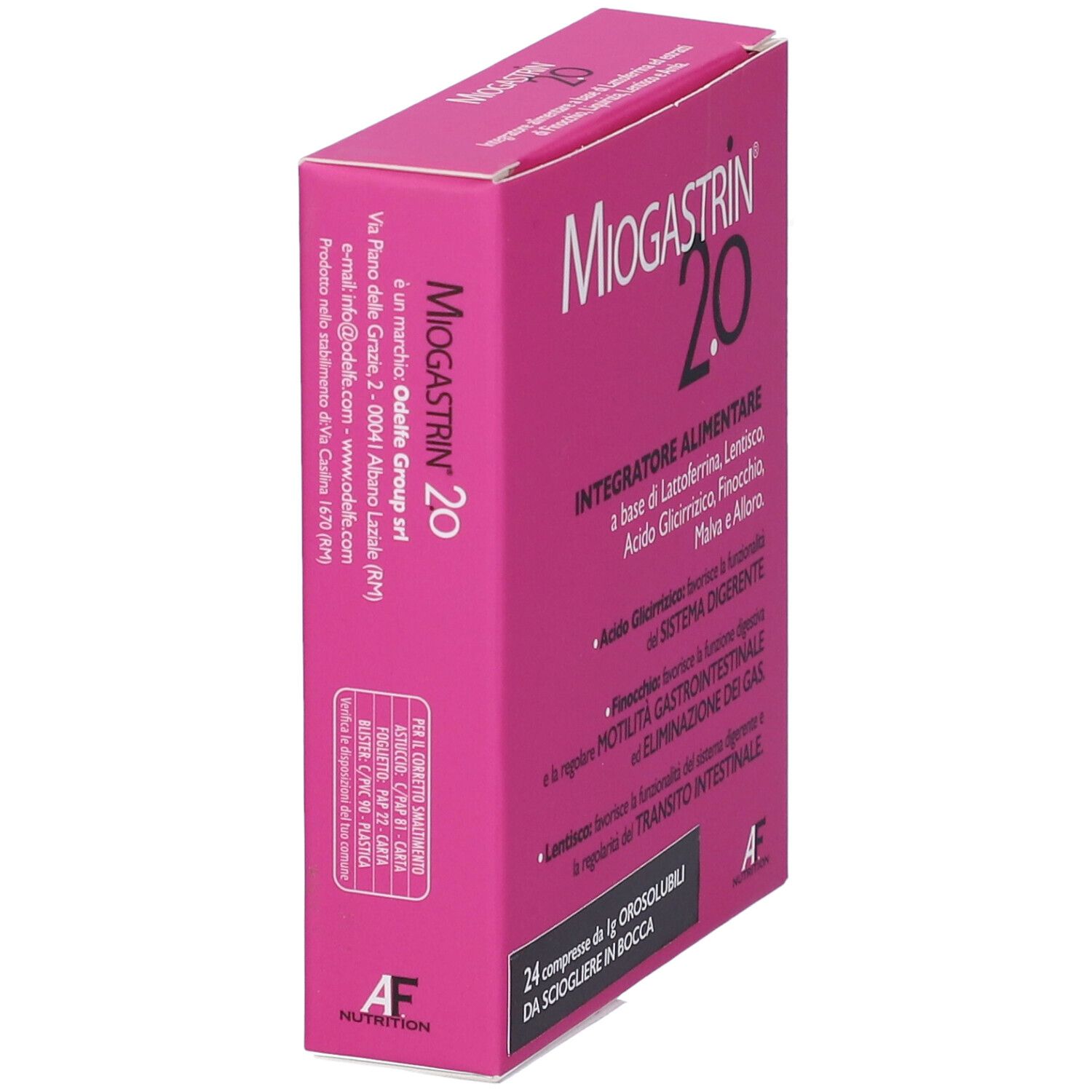 Scatola Miogastrin 2.0 rosa, vista laterale. Testo: Integratore Alimentare. Logo AF Nutrition. Informazioni di contatto.