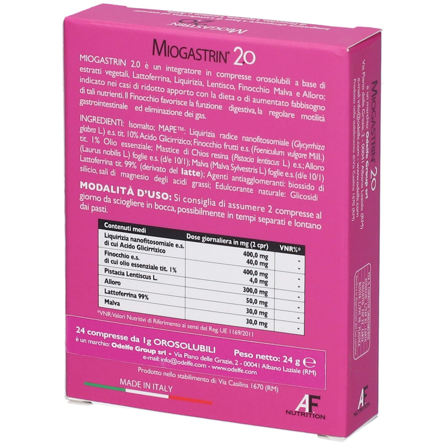 Retro della scatola Miogastrin 2.0. Testo: Ingredienti, dosaggio, avvertenze. Logo AF Nutrition. Made in Italy.