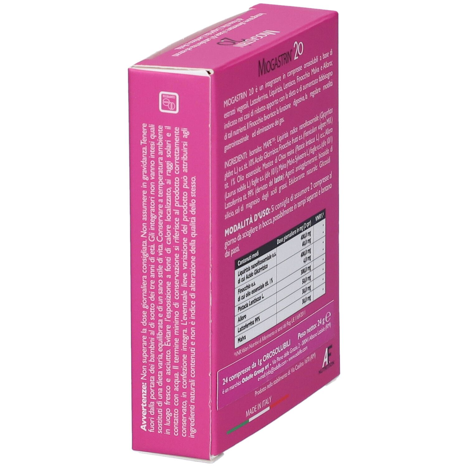 Scatola Miogastrin 2.0 rosa. Testo: Avvertenze, ingredienti, dosaggio. Logo AF Nutrition. Made in Italy.