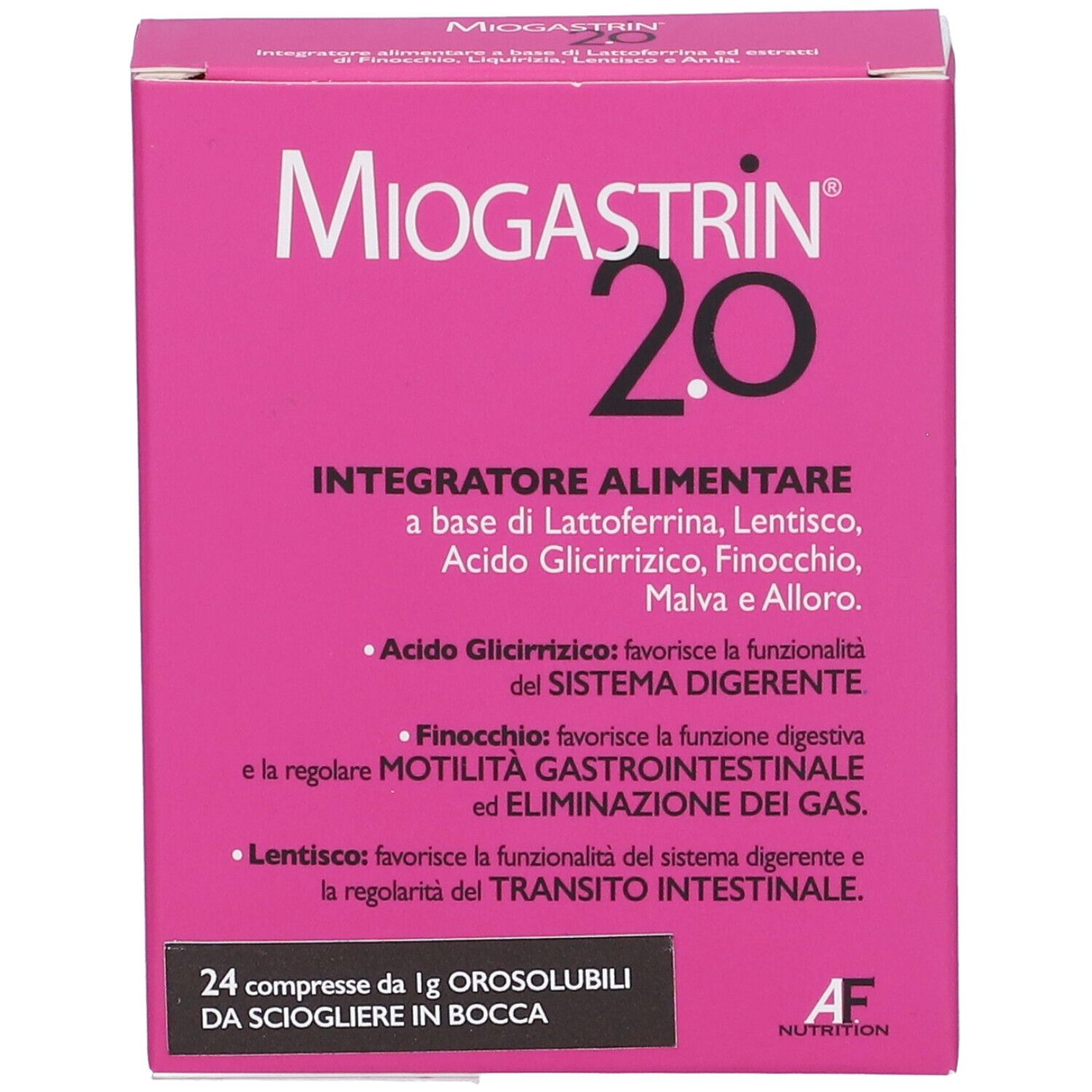 Scatola rosa Miogastrin 2.0. Testo: Integratore Alimentare, 24 compresse da 1g Orosolubili. Logo AF Nutrition.