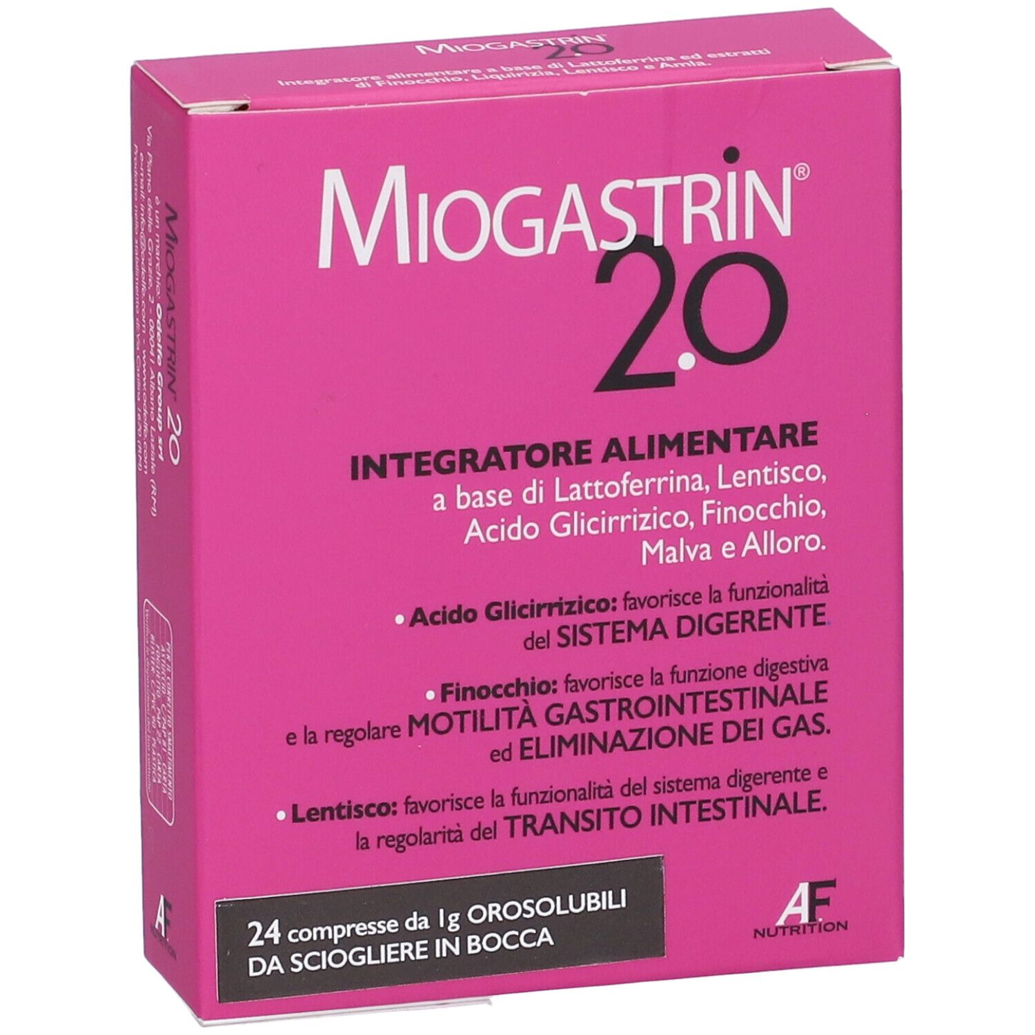 Scatola rosa Miogastrin 2.0. Testo: Integratore Alimentare, 24 compresse da 1g Orosolubili. Logo AF Nutrition.