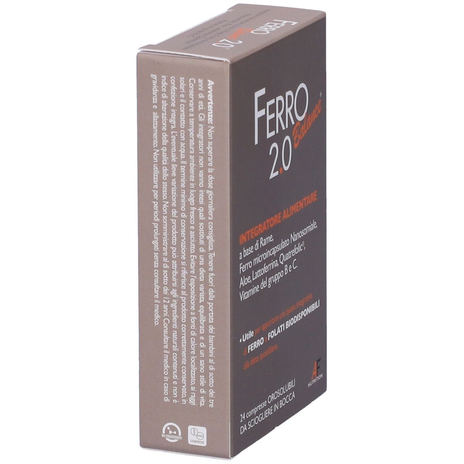 Scatola marrone "Ferro 2.0 Balance", vista laterale. Testo: "24 compresse orosolubili". Logo AF Nutrition.