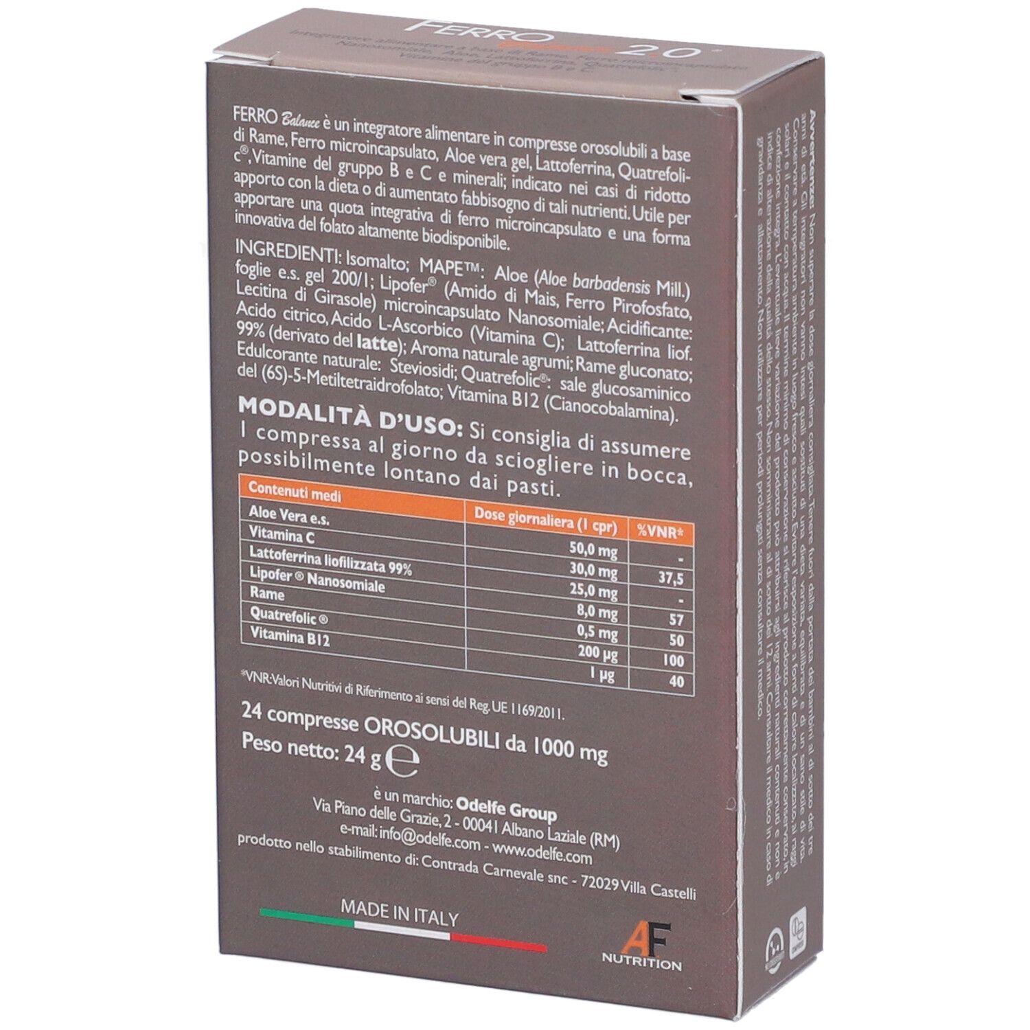 Retro della scatola marrone "Ferro 2.0 Balance". Contiene ingredienti e istruzioni. Logo AF Nutrition.