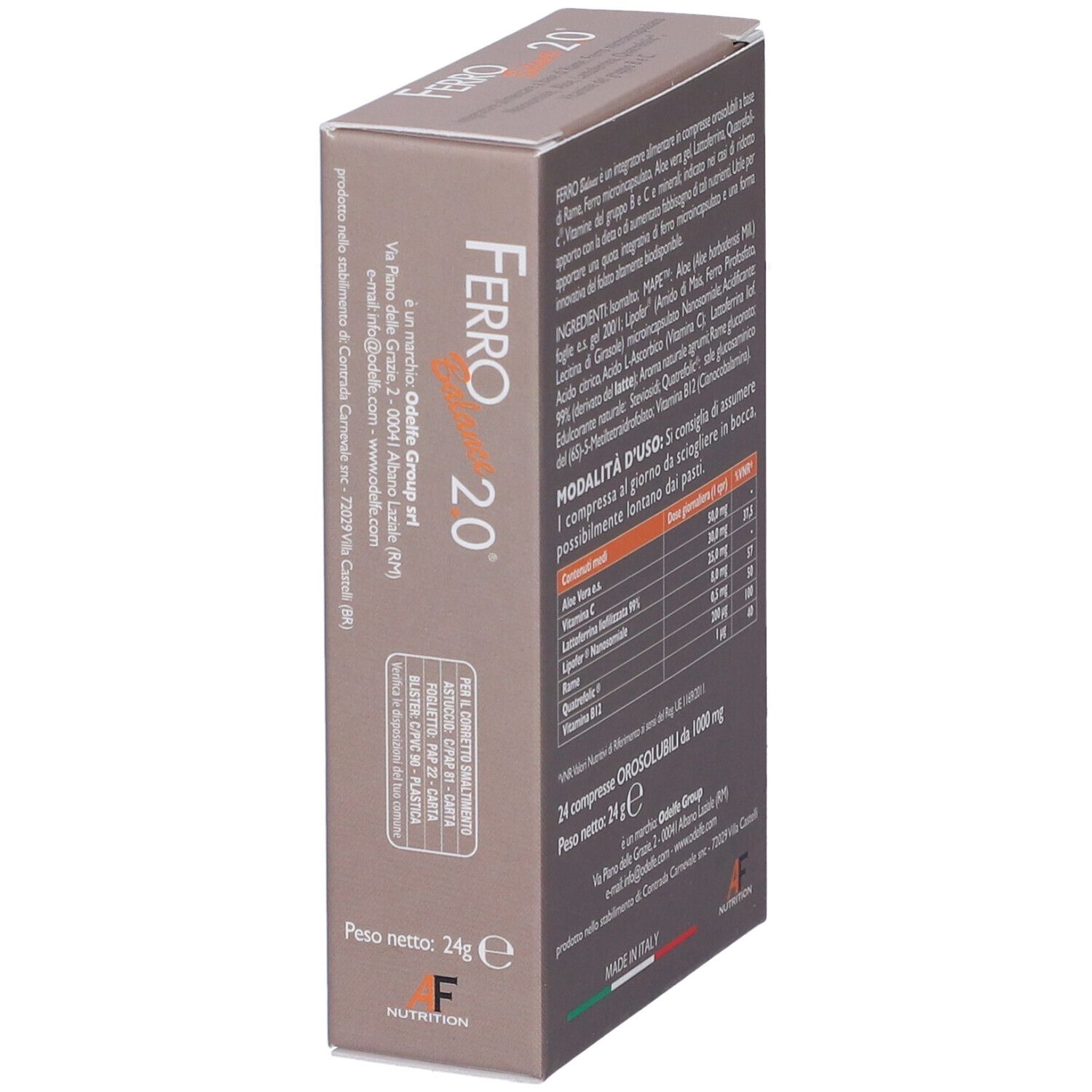 Scatola marrone "Ferro 2.0 Balance", vista laterale. Testo e logo AF Nutrition. Prodotto in Italia.