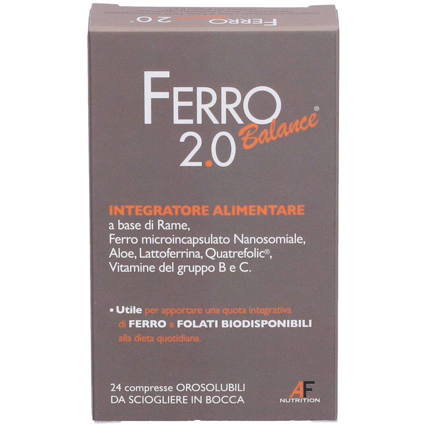Scatola marrone "Ferro 2.0 Balance". Contiene 24 compresse. Logo AF Nutrition. Testo: Integratore Alimentare.