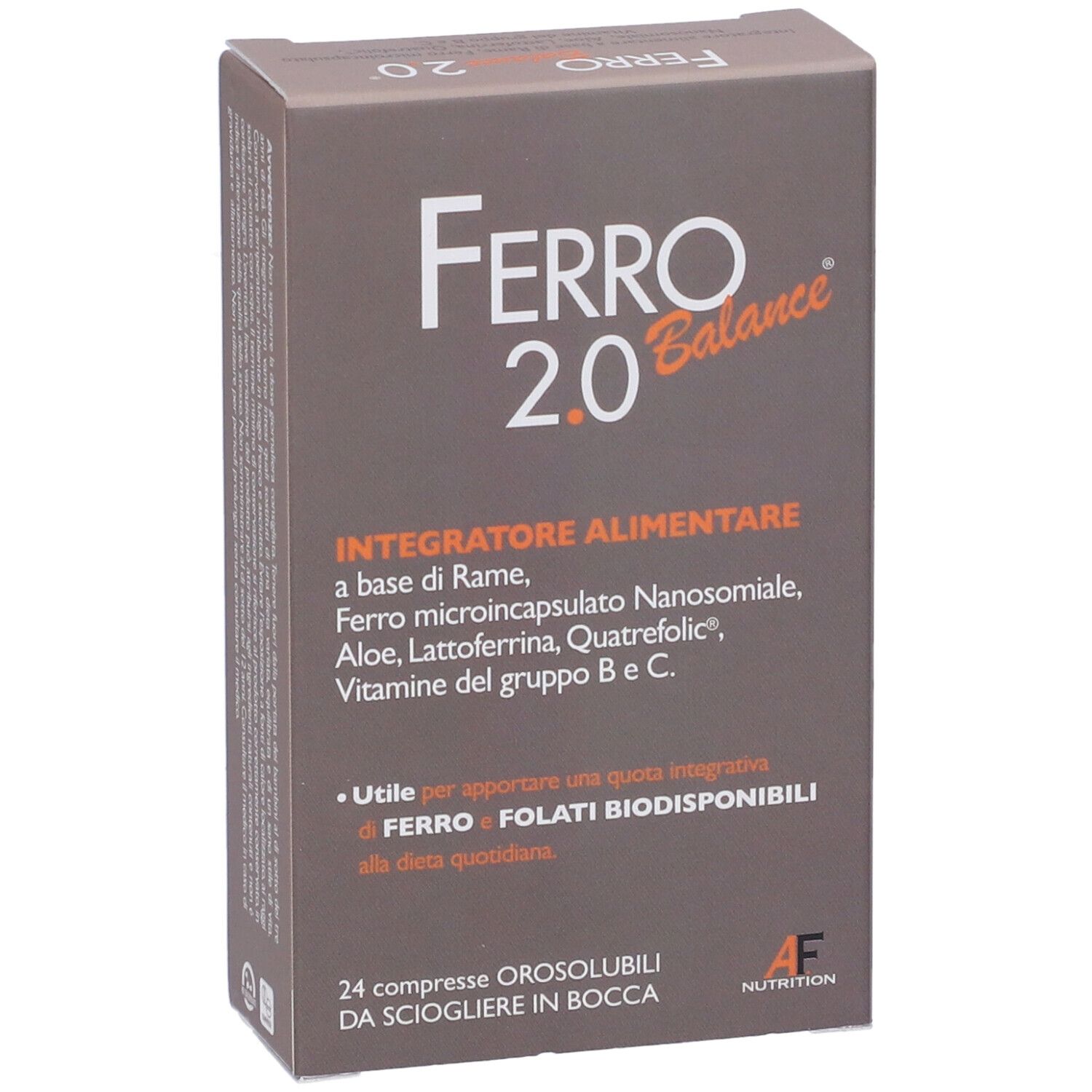 Scatola marrone "Ferro 2.0 Balance". Contiene 24 compresse. Logo AF Nutrition. Testo: Integratore Alimentare.