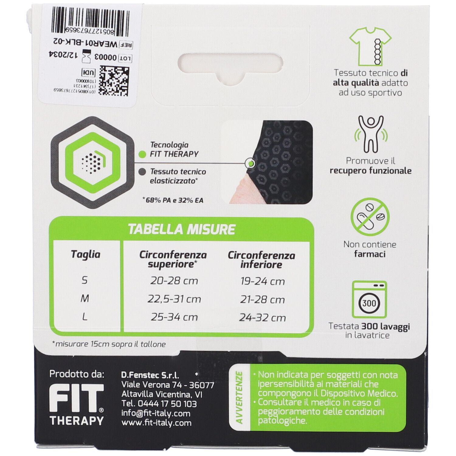 Retro confezione. Tabella taglie. Testo: FIT THERAPY. Dispositivo medico. Composizione materiale.