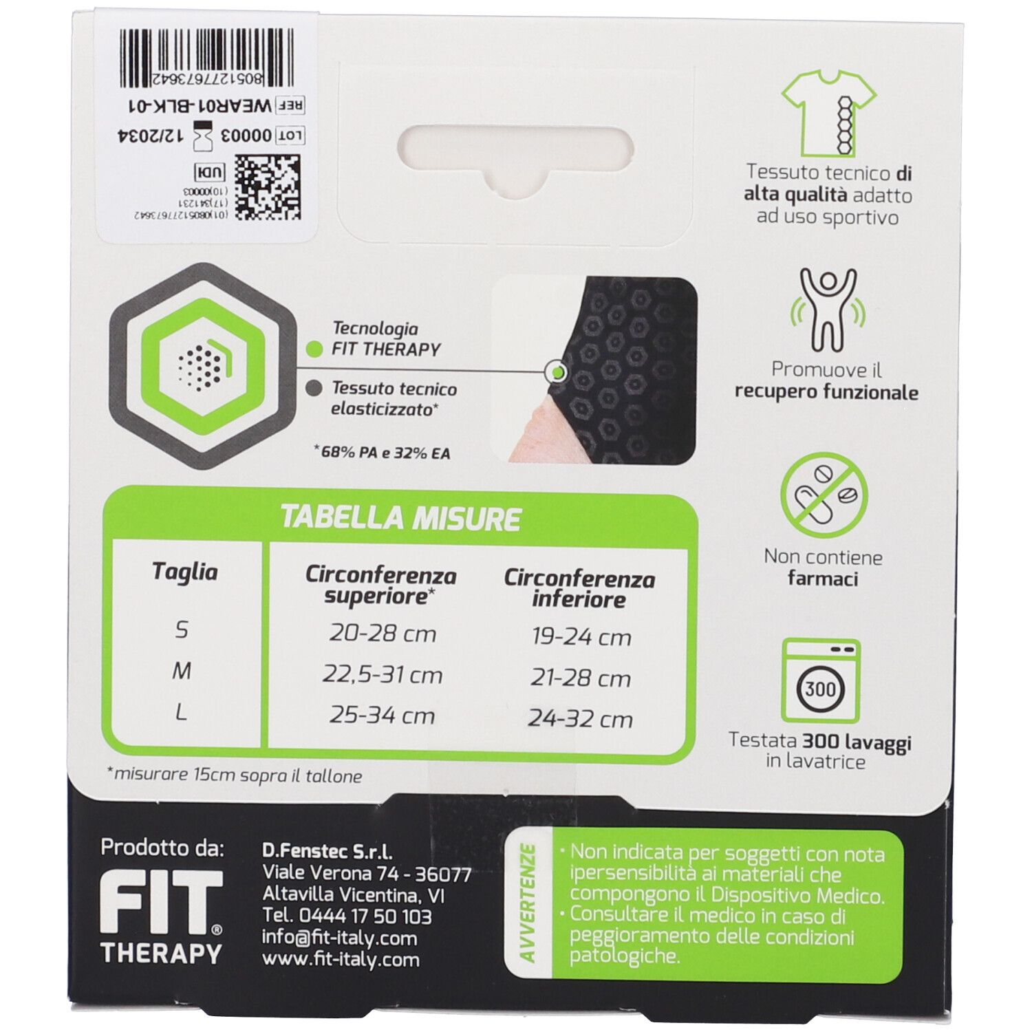 Retro della confezione. Materiale nero, taglie S, M, L. Testo: 'FIT THERAPY'. Dispositivo medico.