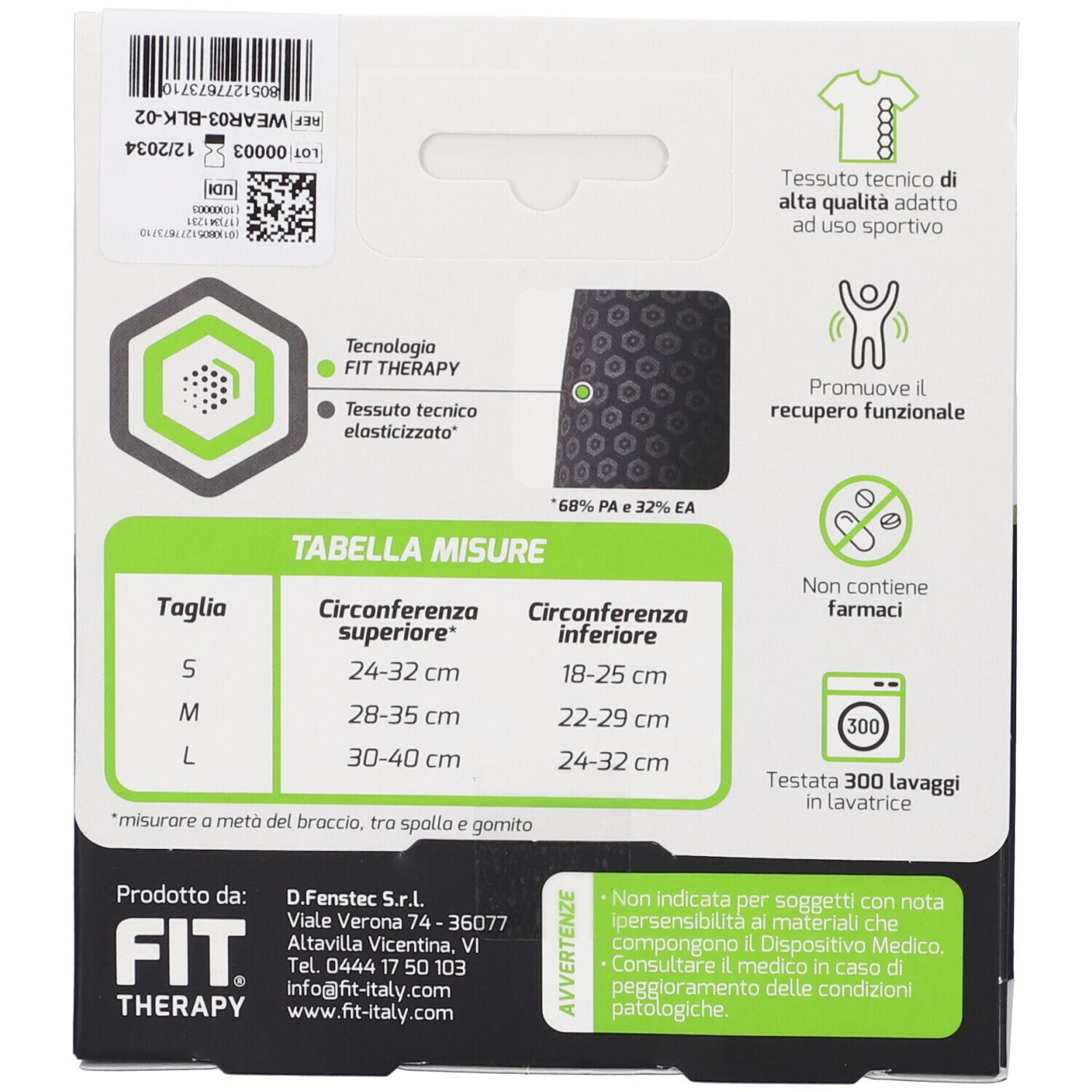 Retro confezione di FIT THERAPY GOMITIERA NERO M. Tabella taglie: S, M, L. Testo: Tecnologia FIT THERAPY, Tessuto tecnico elasticizzato.