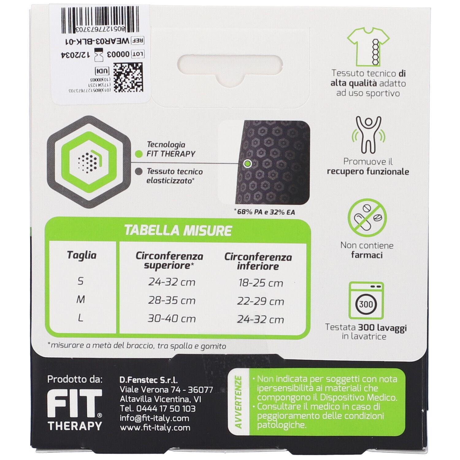 Retro della confezione della gomitiera. Contiene tabella taglie, composizione del materiale e pittogrammi.